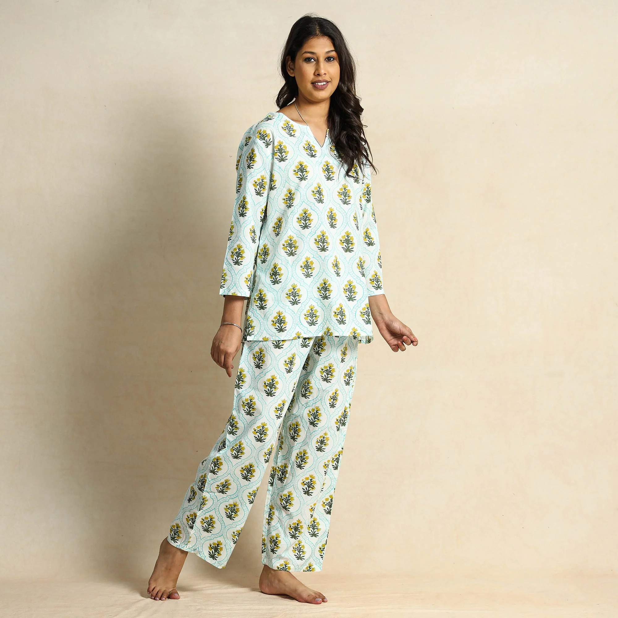 Blue - Hand Block Printed Cotton Night Suit - Image 3