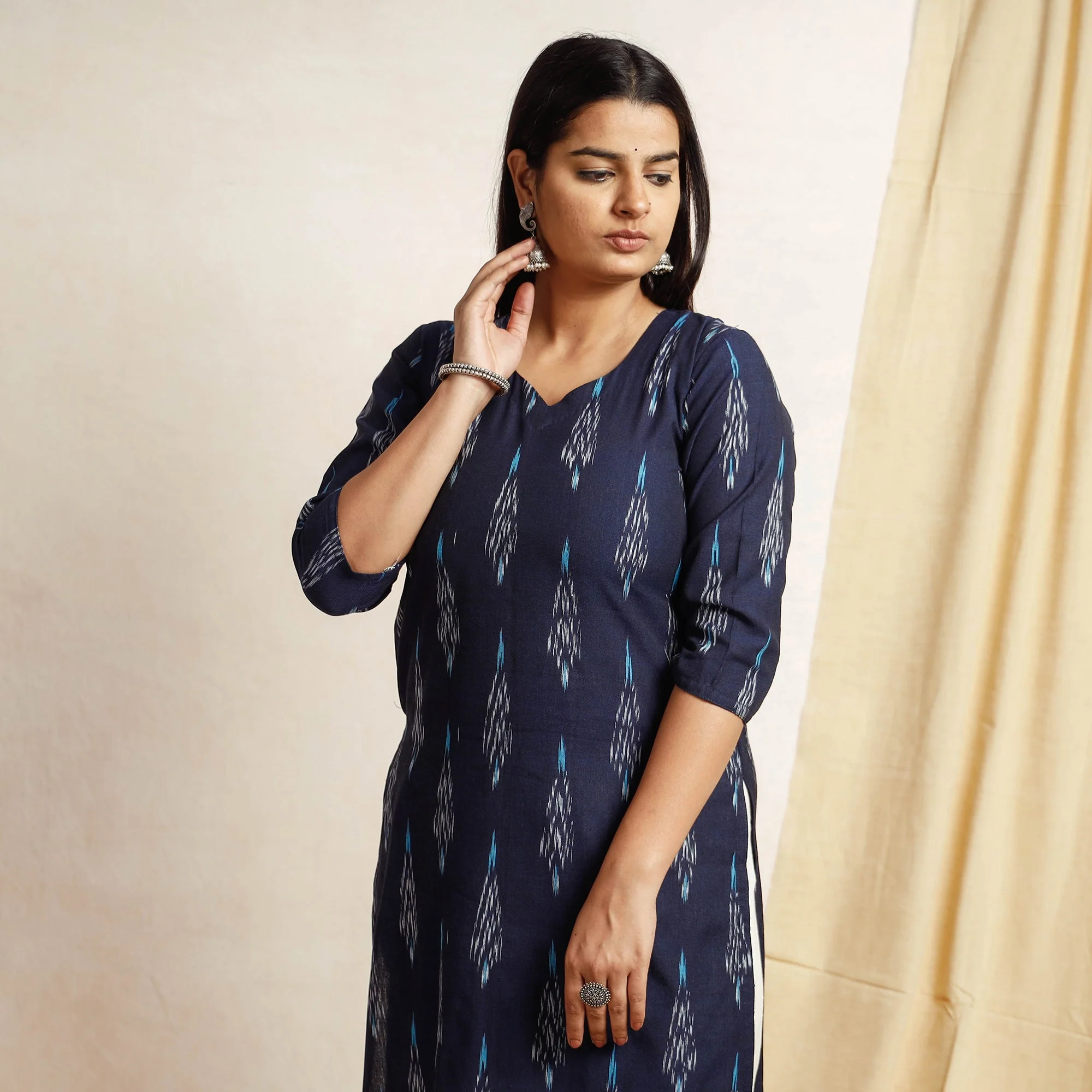 Blue - Pochampally Ikat Weave Cotton Long Straight Kurta - Image 3