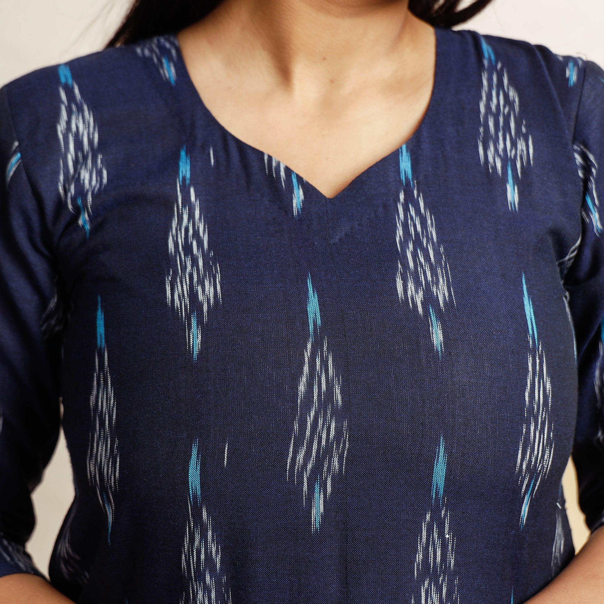 Blue - Pochampally Ikat Weave Cotton Long Straight Kurta - Image 4