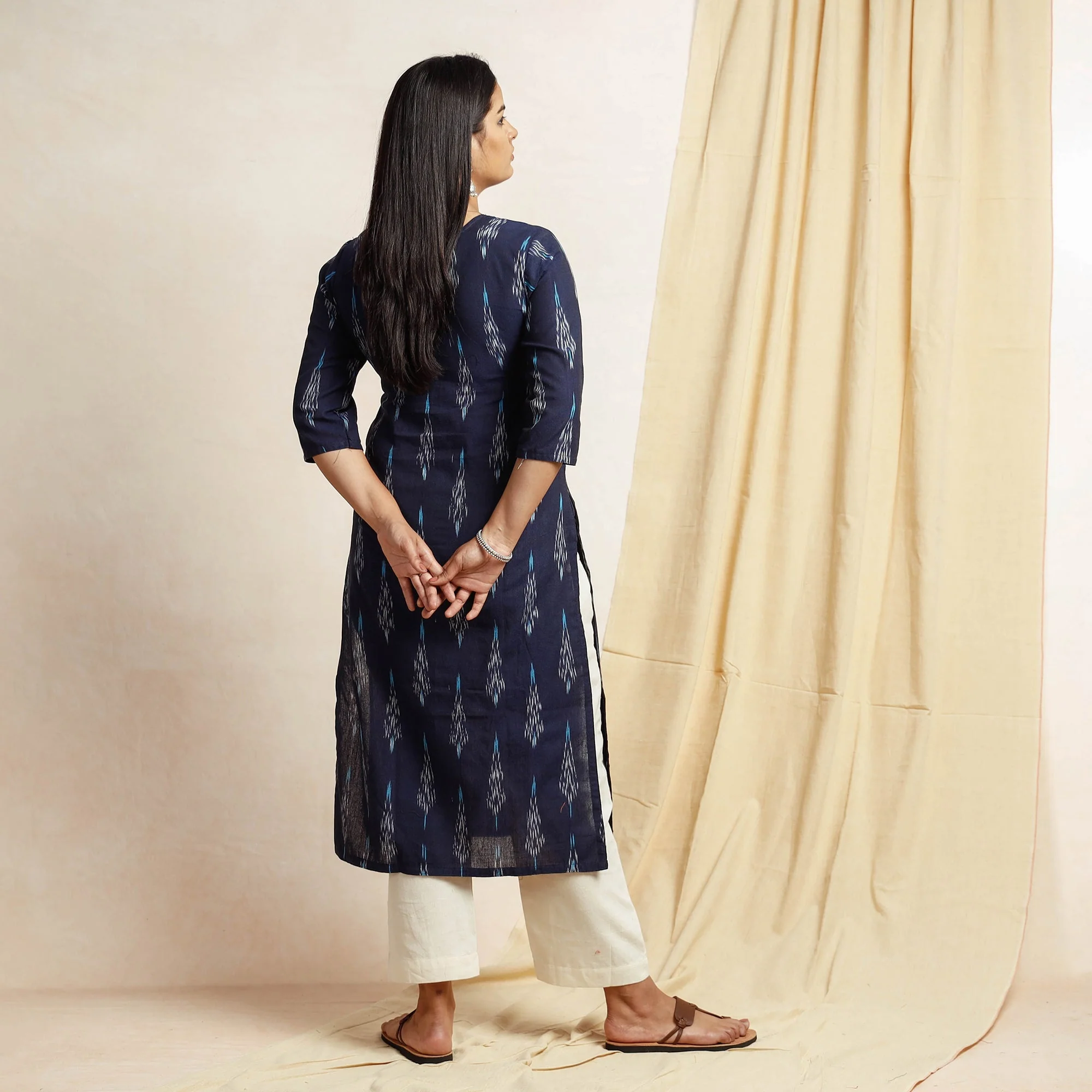 Blue - Pochampally Ikat Weave Cotton Long Straight Kurta - Image 6