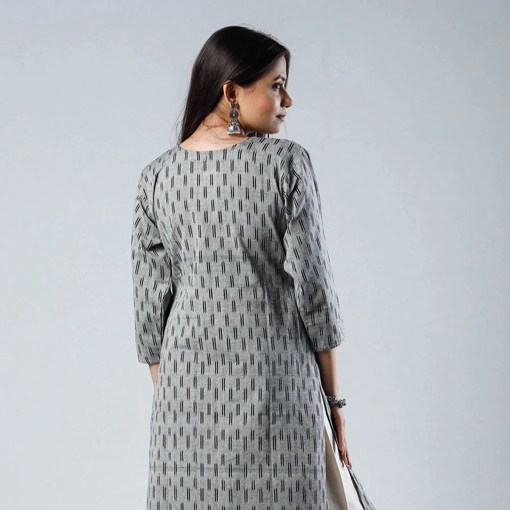 Grey Pochampally Ikat Weave Pintuck Cotton Long Straight Kurta - Image 3