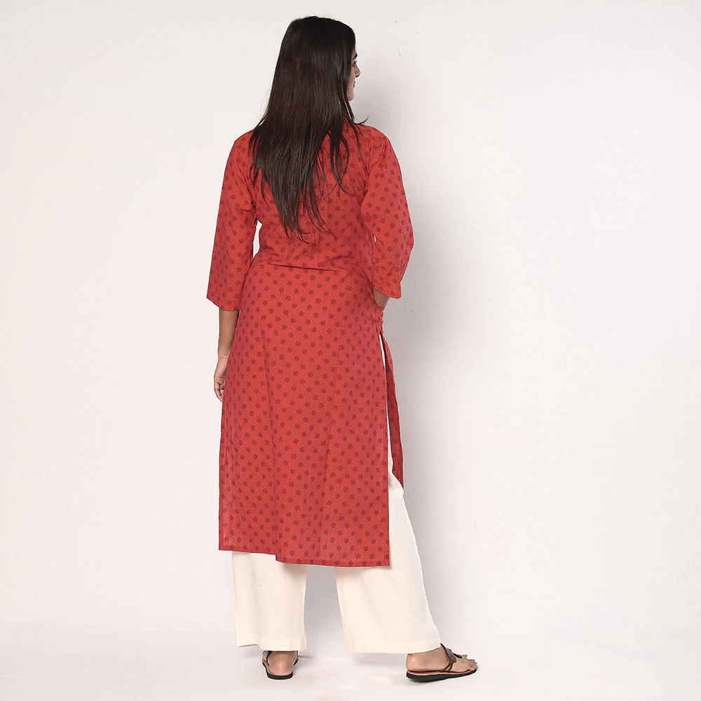 Red - Tribal Motifs Hand Printed Cotton Casual Long Kurta - Image 4