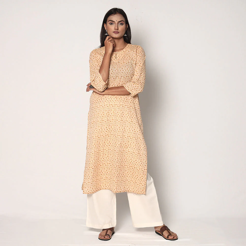 Beige - Tribal Motifs Hand Printed Cotton Casual Long Kurta - Image 3