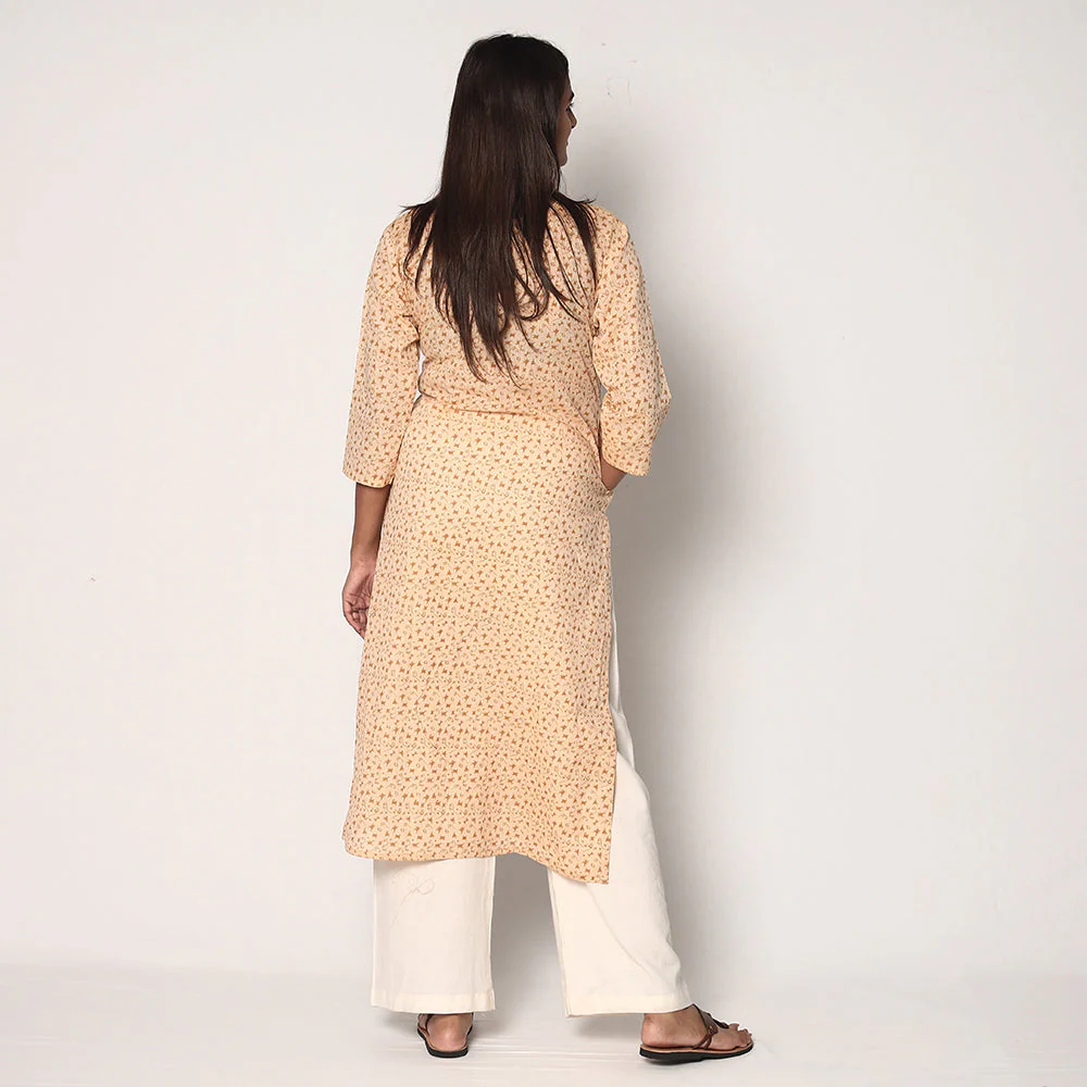 Beige - Tribal Motifs Hand Printed Cotton Casual Long Kurta - Image 4
