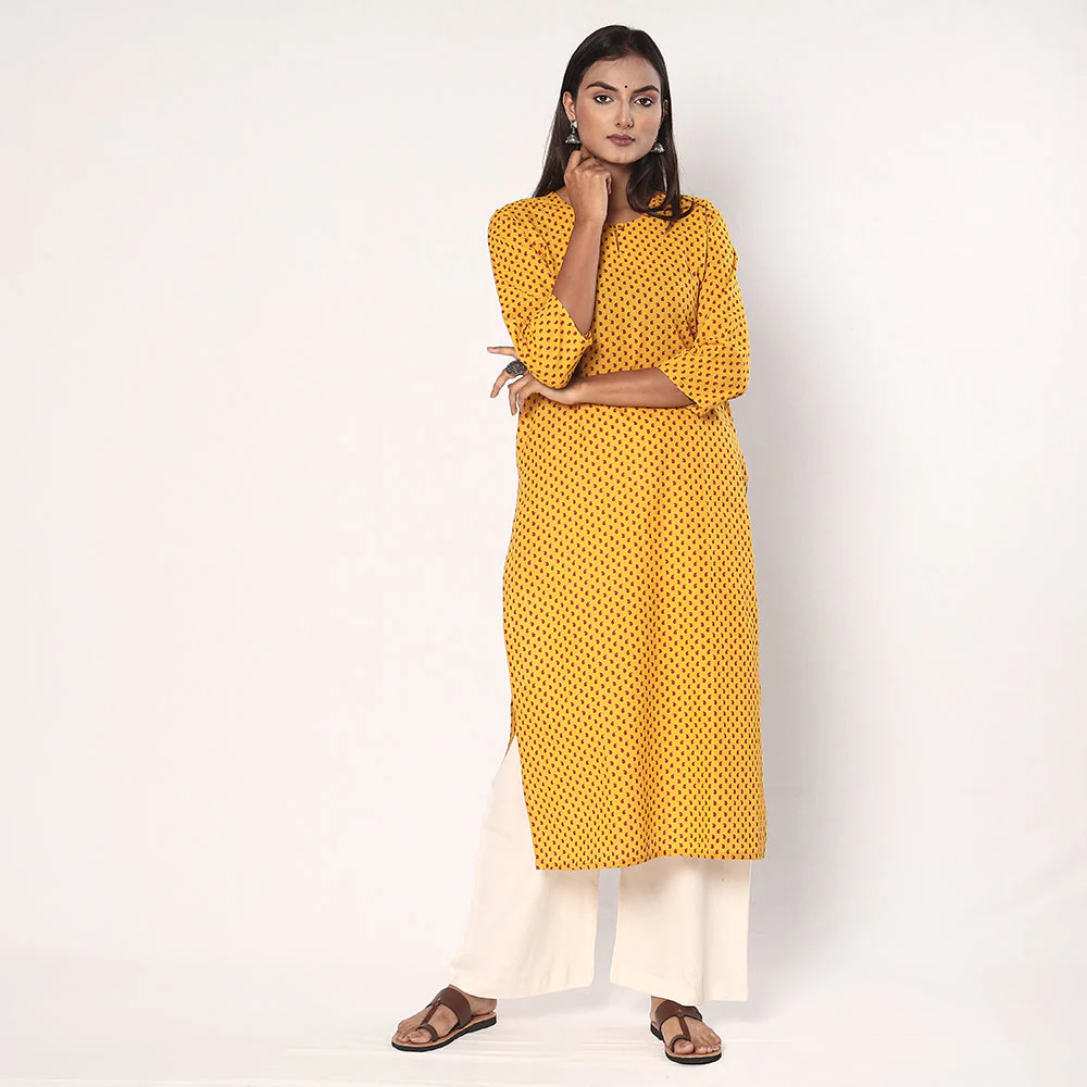 Yellow - Tribal Motifs Hand Printed Cotton Casual Long Kurta - Image 3