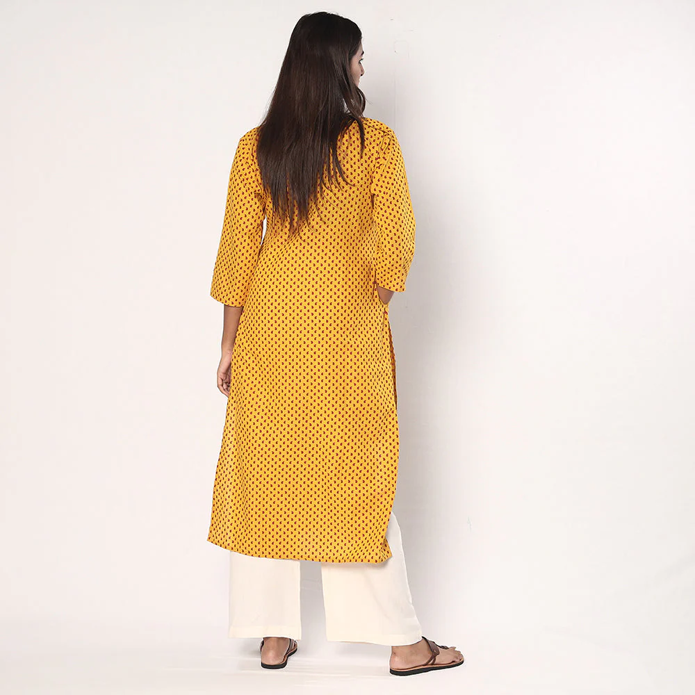 Yellow - Tribal Motifs Hand Printed Cotton Casual Long Kurta - Image 4