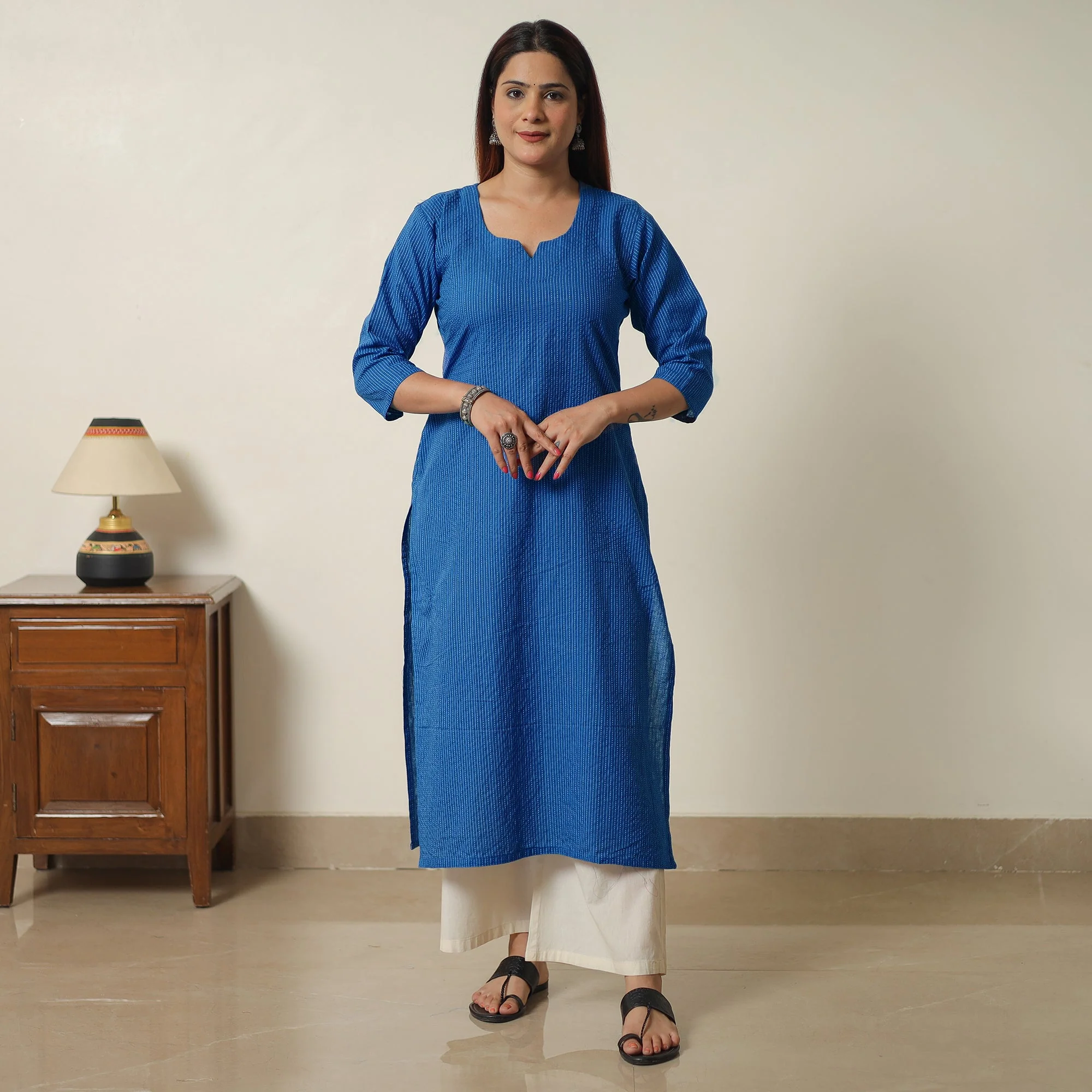 Dark Blue - Running Stitch Cotton Long Straight Kurta 15 - Image 3