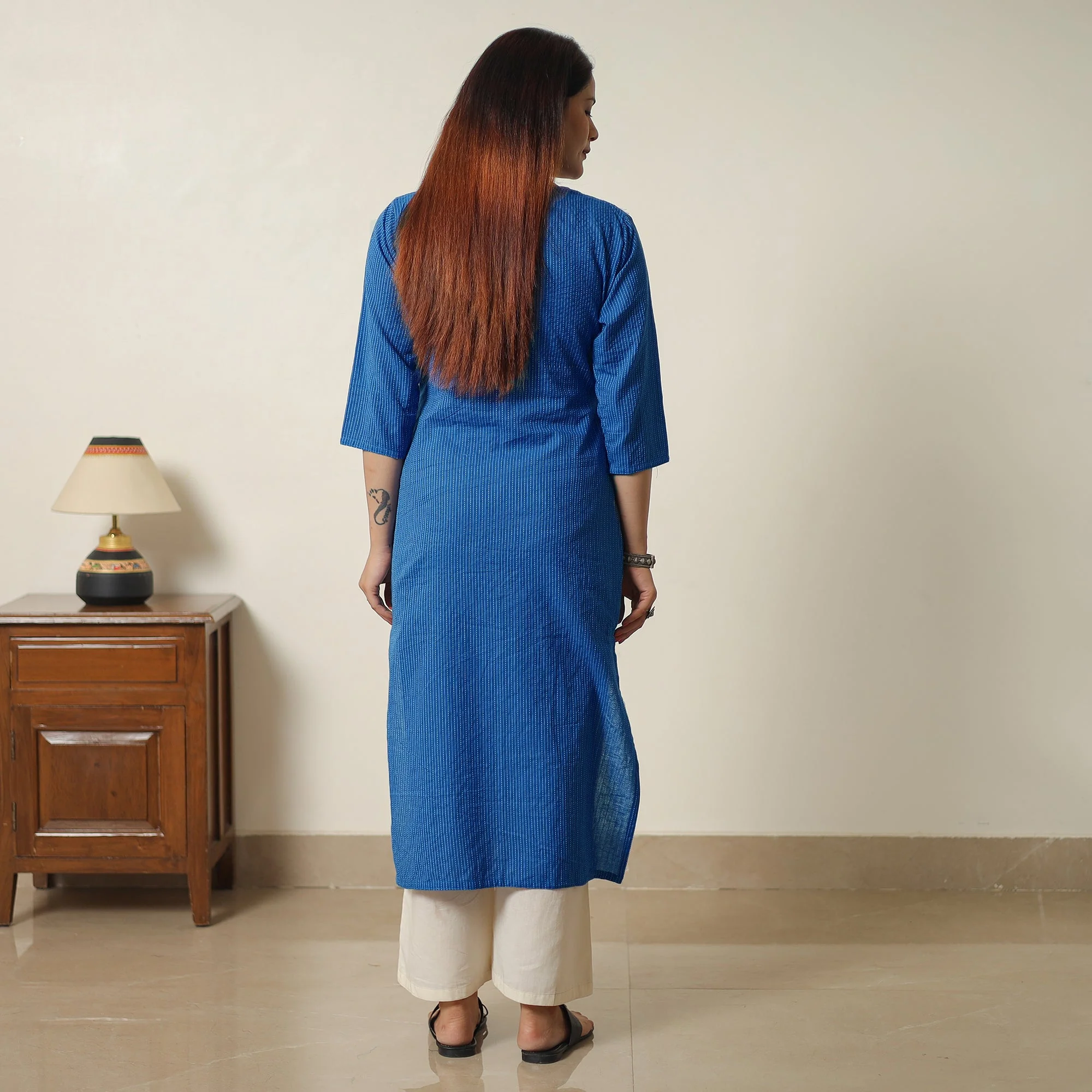 Dark Blue - Running Stitch Cotton Long Straight Kurta 15 - Image 4