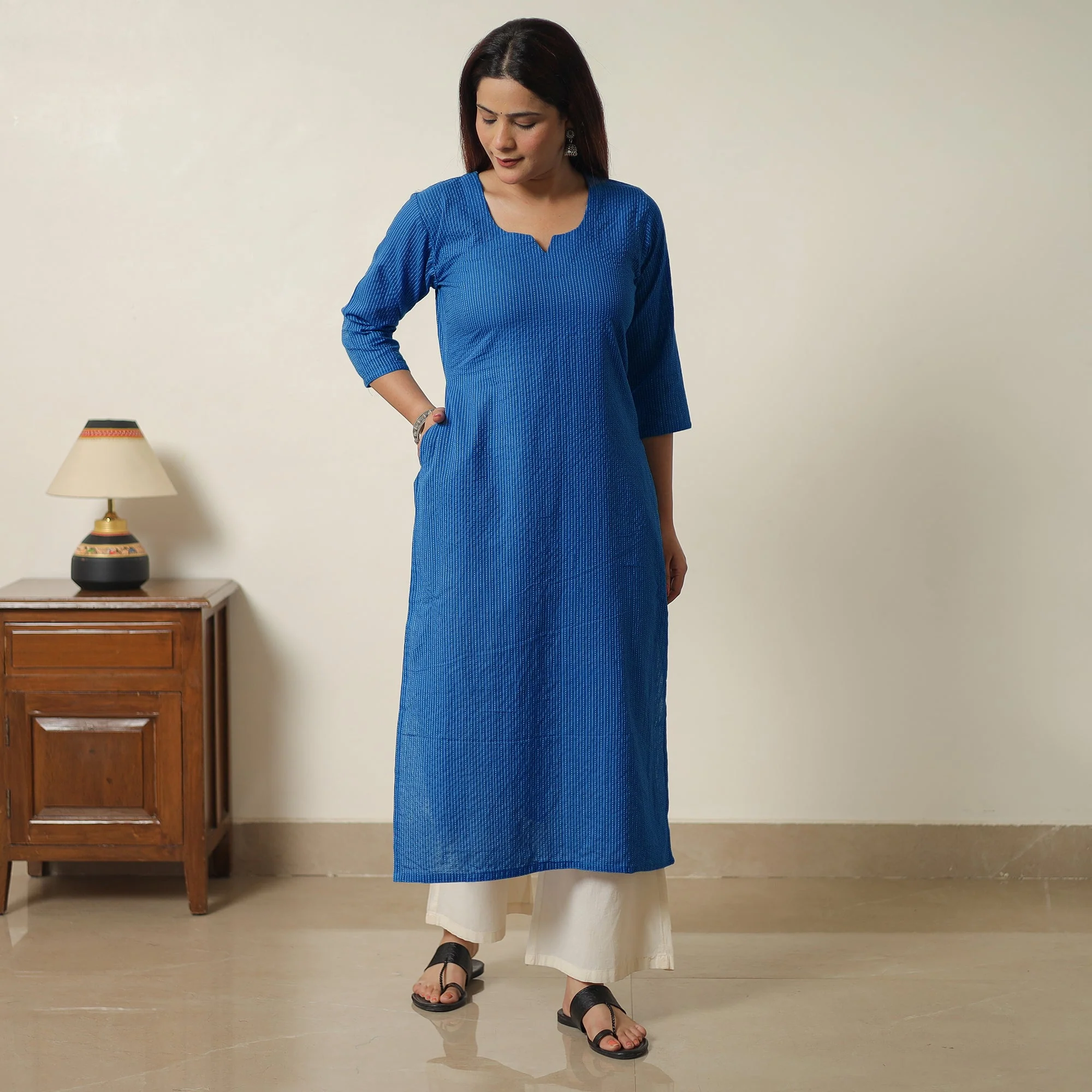 Dark Blue - Running Stitch Cotton Long Straight Kurta 15 - Image 5