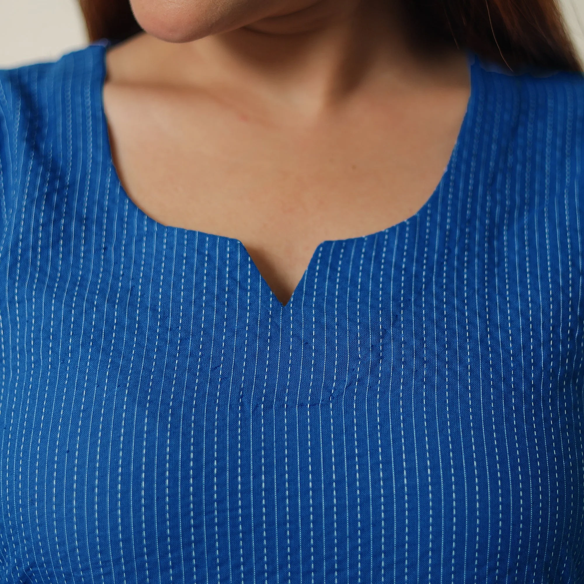 Dark Blue - Running Stitch Cotton Long Straight Kurta 15 - Image 6