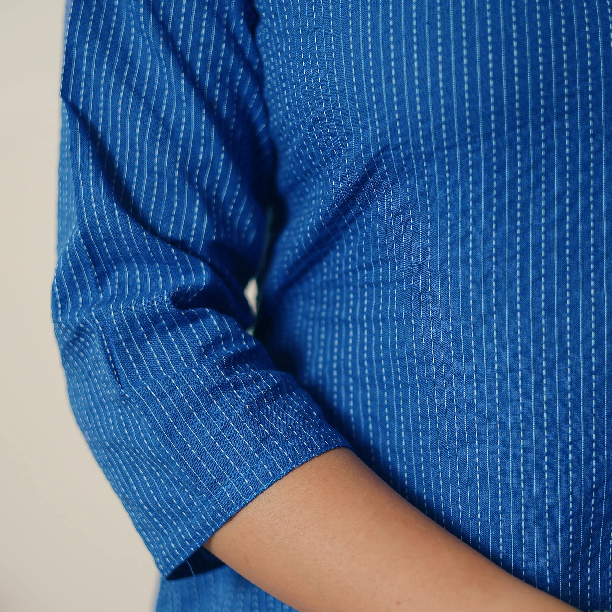 Dark Blue - Running Stitch Cotton Long Straight Kurta 15 - Image 7