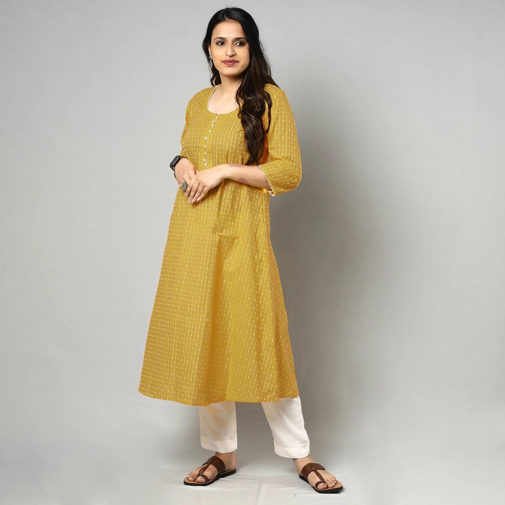 Yellow - Jacquard Cotton A-Line Kurta 15 - Image 3