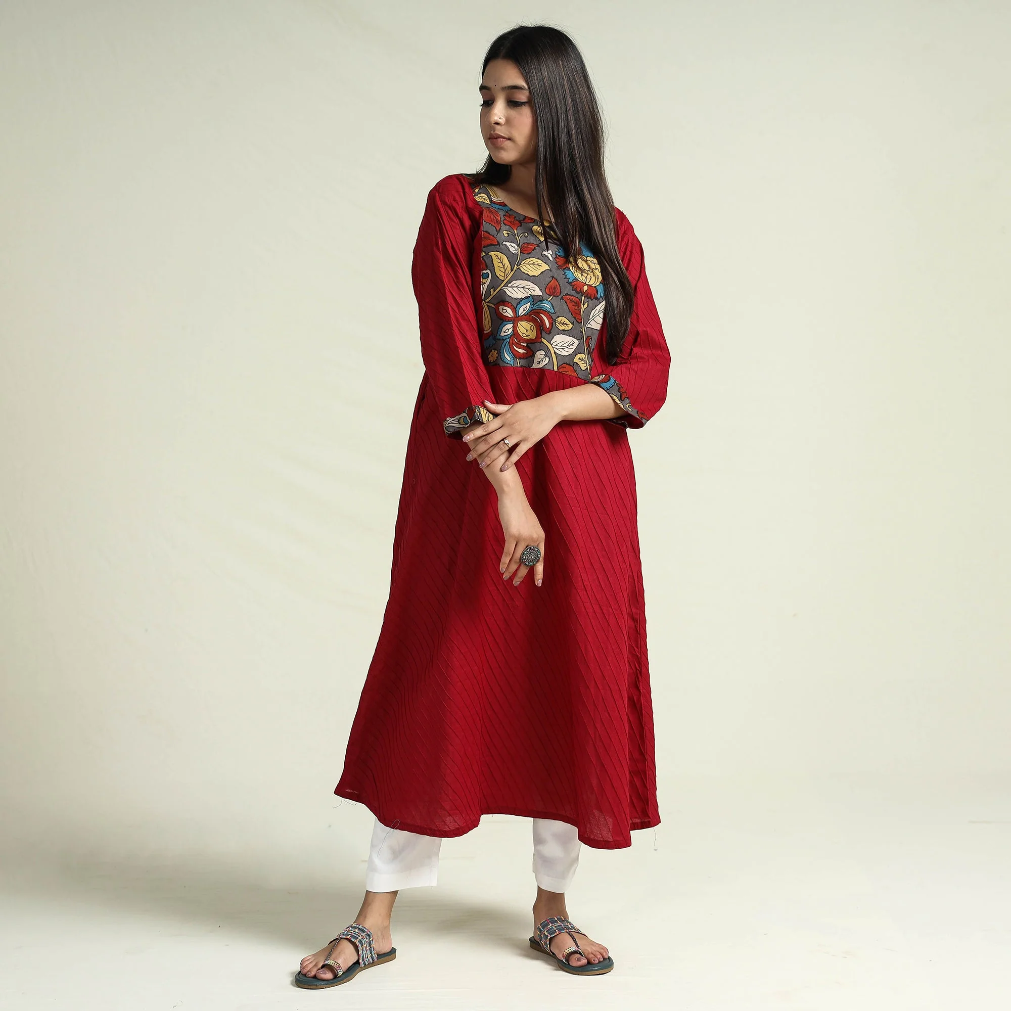 Maroon - Srikalahasti Kalamkari Patchwork Pintuck Plain Cotton A-Line Long Kurta - Image 3