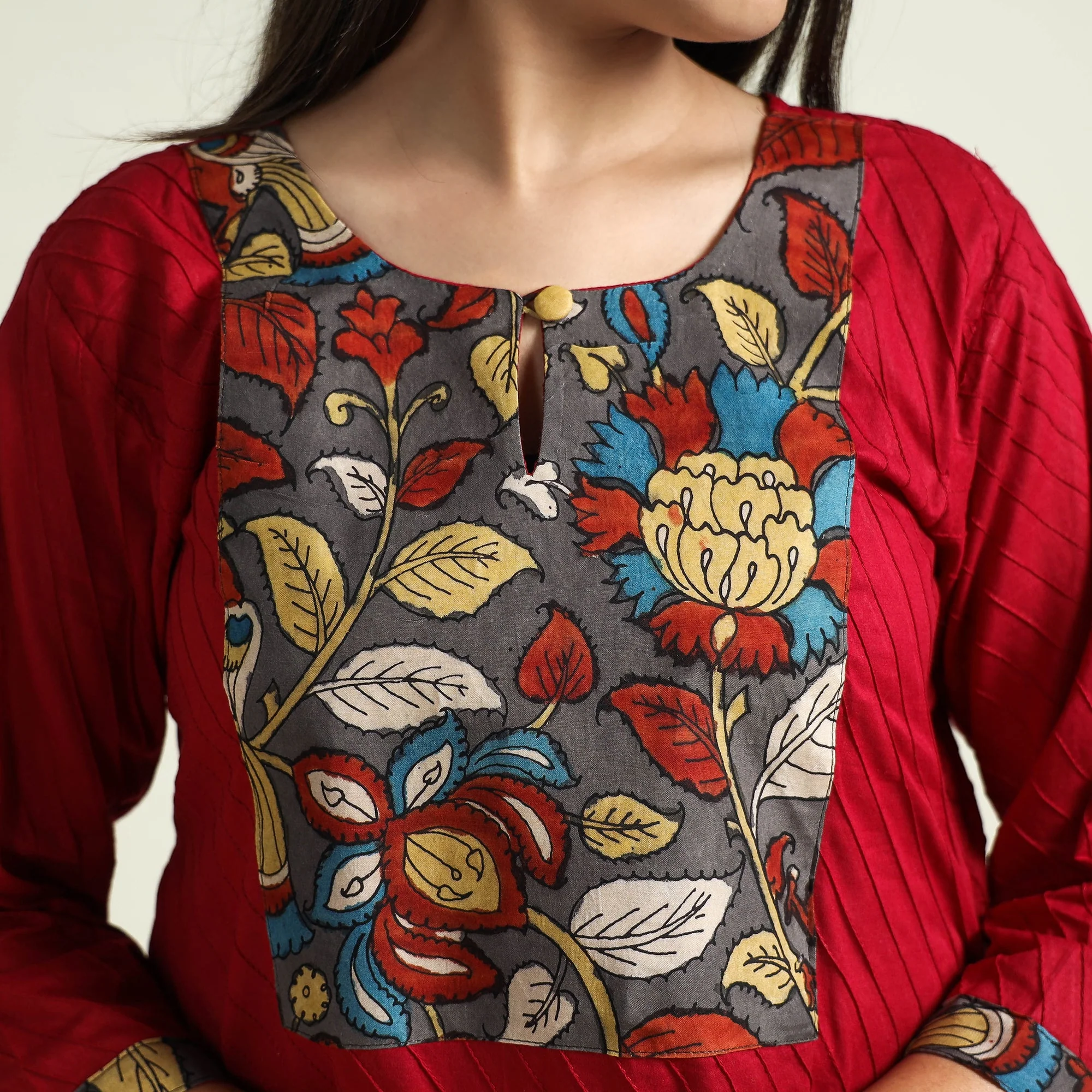 Maroon - Srikalahasti Kalamkari Patchwork Pintuck Plain Cotton A-Line Long Kurta - Image 5