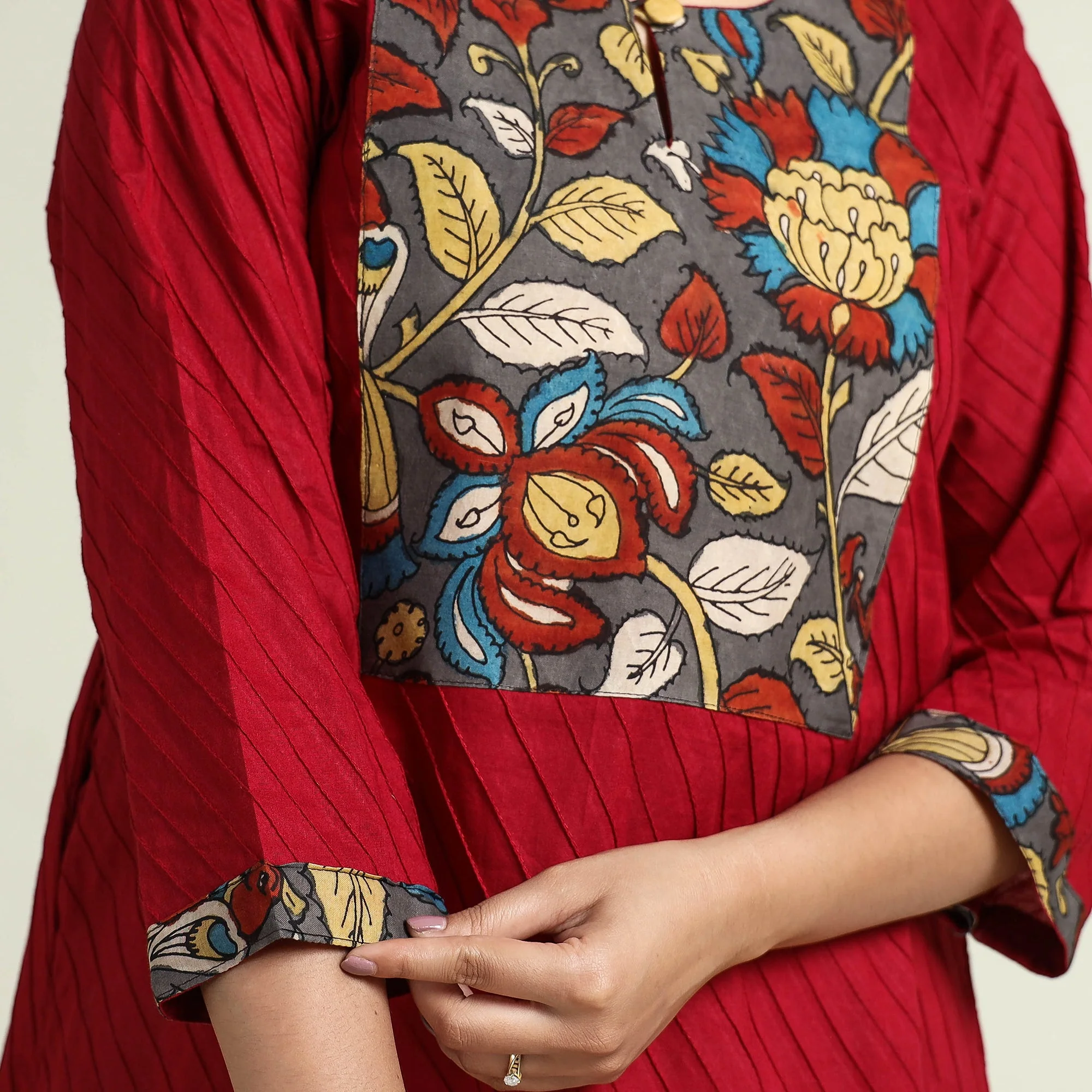 Maroon - Srikalahasti Kalamkari Patchwork Pintuck Plain Cotton A-Line Long Kurta - Image 6
