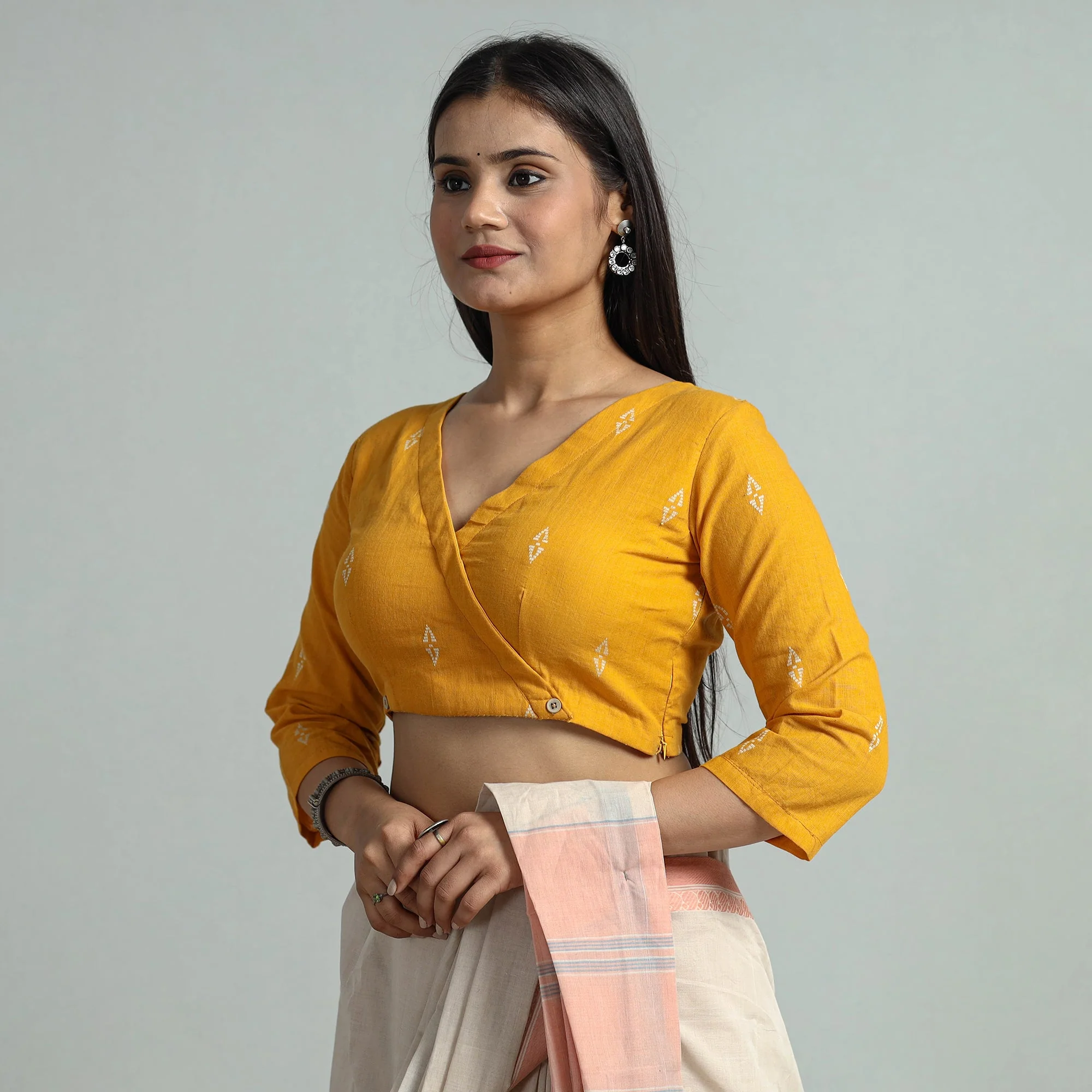 Yellow - Jacquard Weave Cotton Stitched Blouse 08 - Image 3