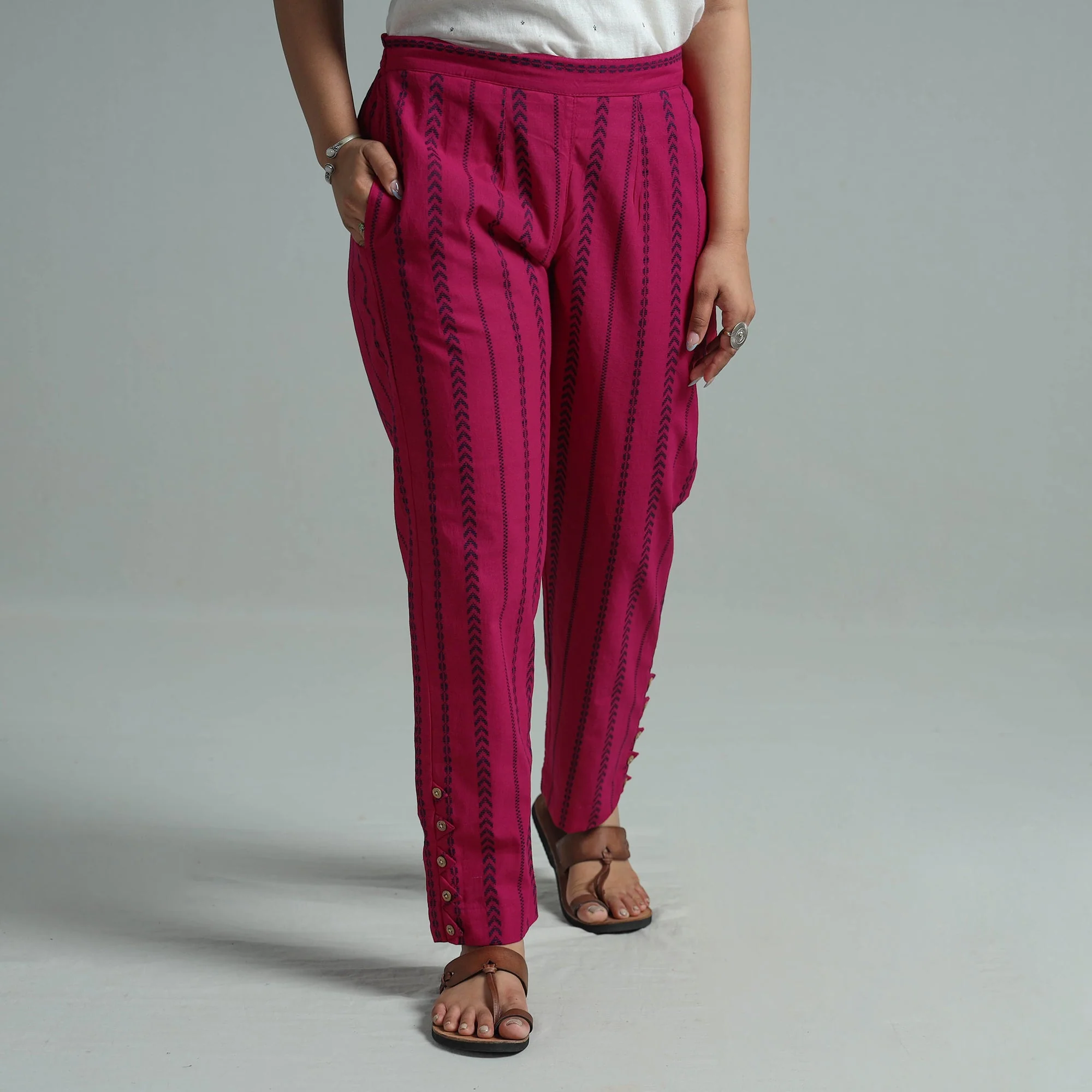 Pink - Jacquard Weave Cotton Elasticated Pant 05 - Image 3