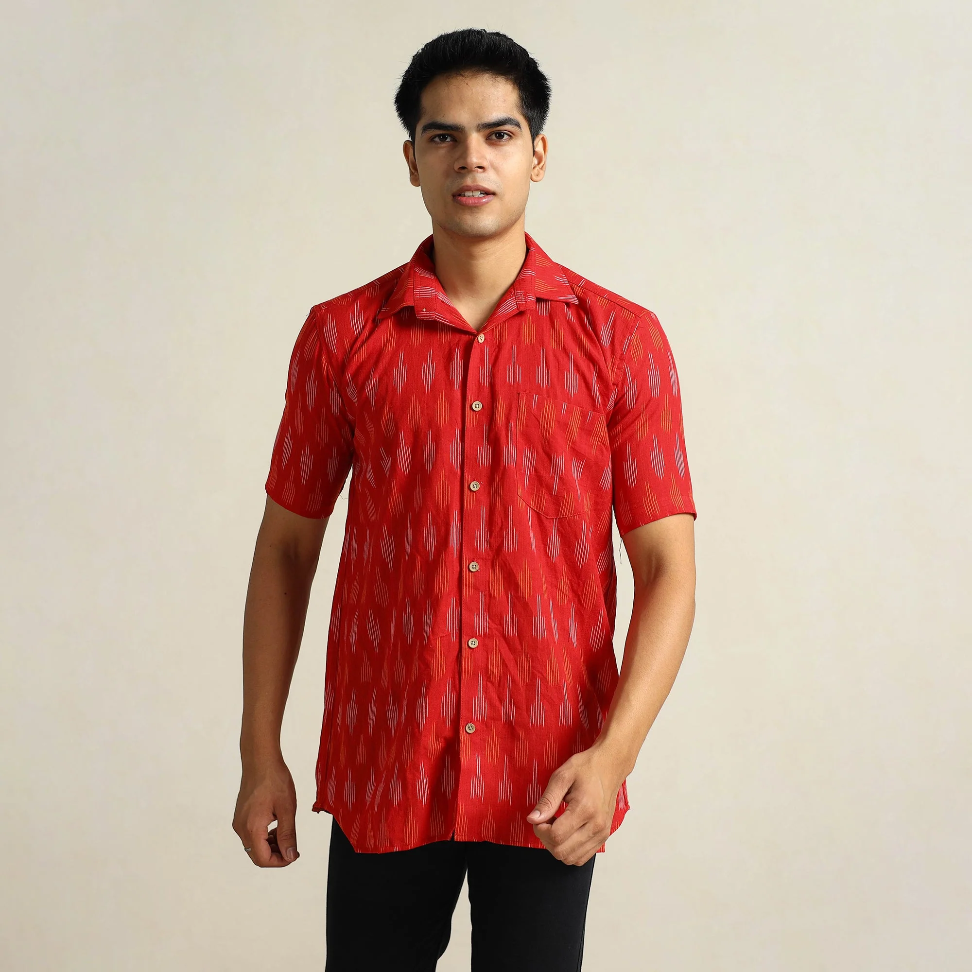 Red - Pochampally Ikat Weave Cotton Men Half Sleeve Shirt 09 - Image 3