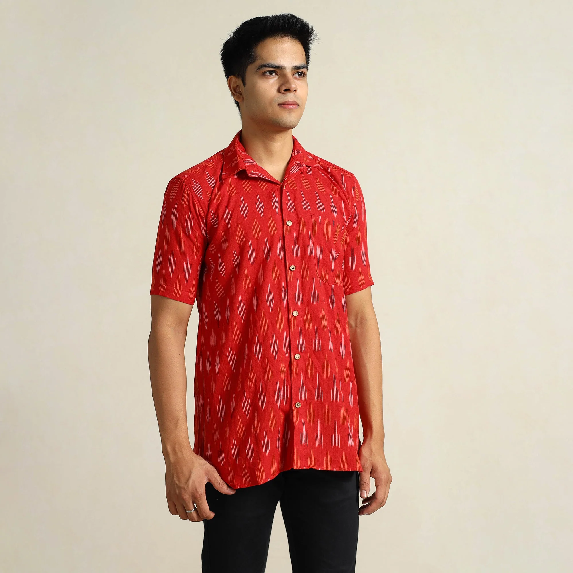 Red - Pochampally Ikat Weave Cotton Men Half Sleeve Shirt 09 - Image 4
