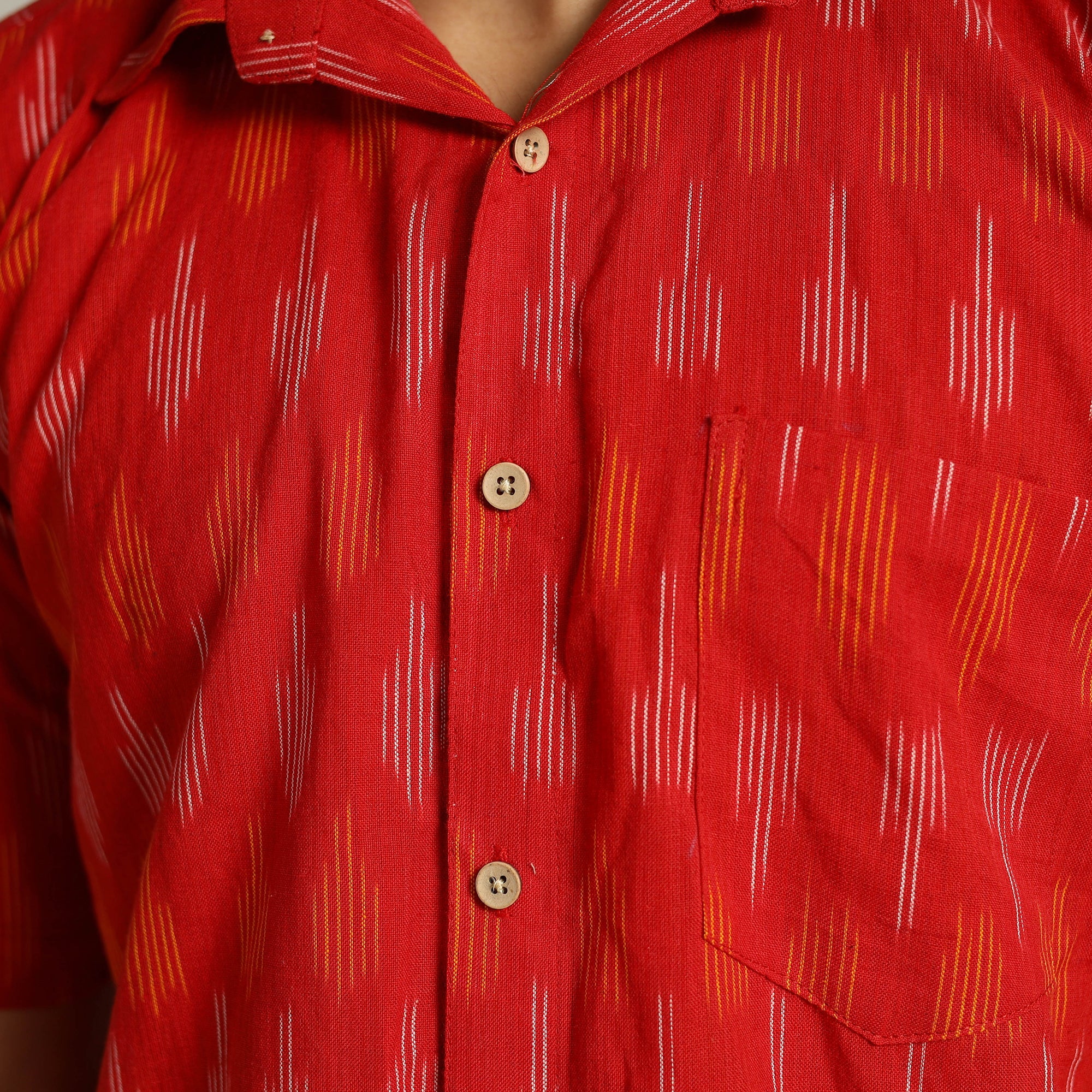 Red - Pochampally Ikat Weave Cotton Men Half Sleeve Shirt 09 - Image 5