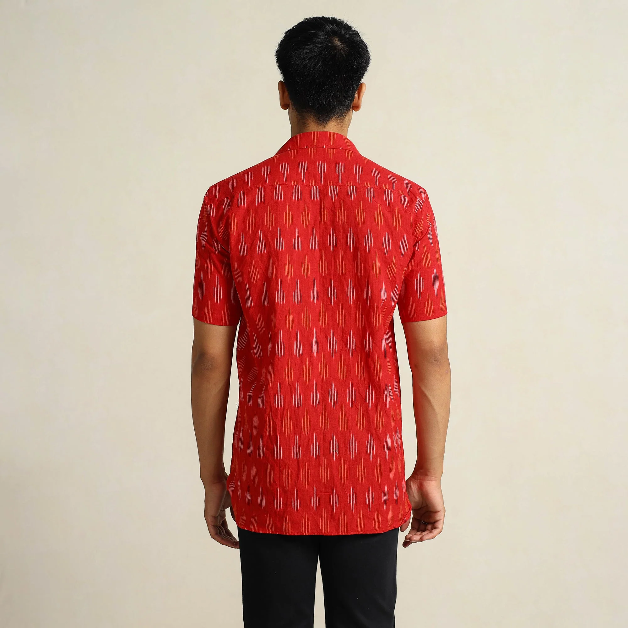 Red - Pochampally Ikat Weave Cotton Men Half Sleeve Shirt 09 - Image 8