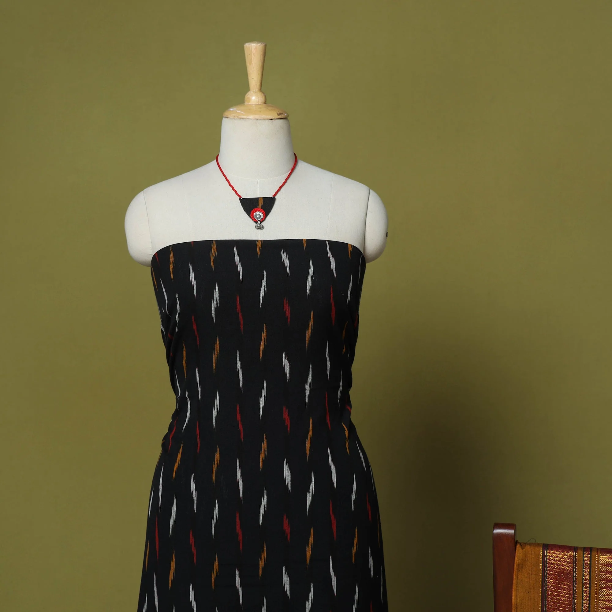 Blue - 2pc Cotton Unstitched Pochampally Ikat Dress Material with Jewellery Set 01 - Image 3