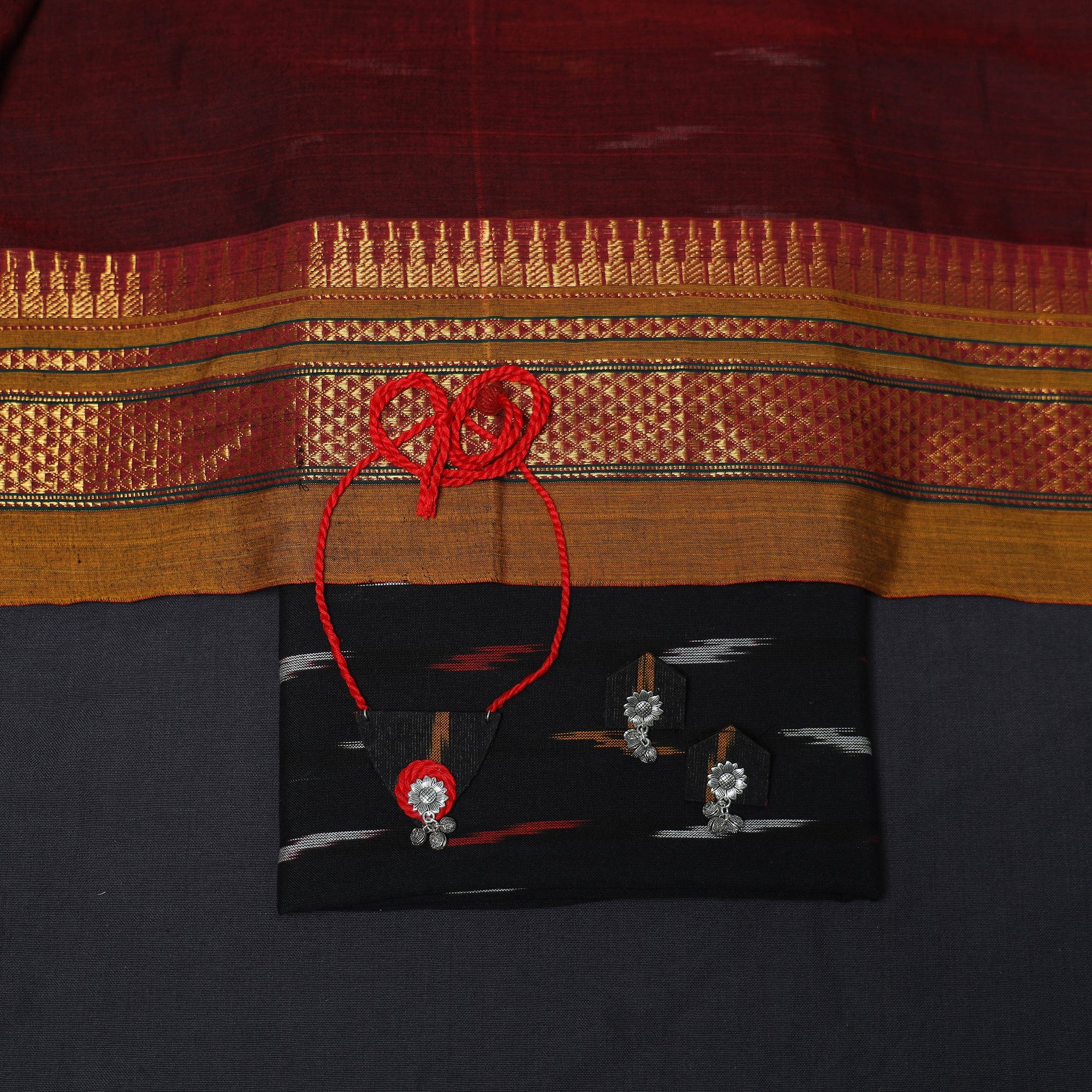 Blue - 2pc Cotton Unstitched Pochampally Ikat Dress Material with Jewellery Set 01 - Image 4