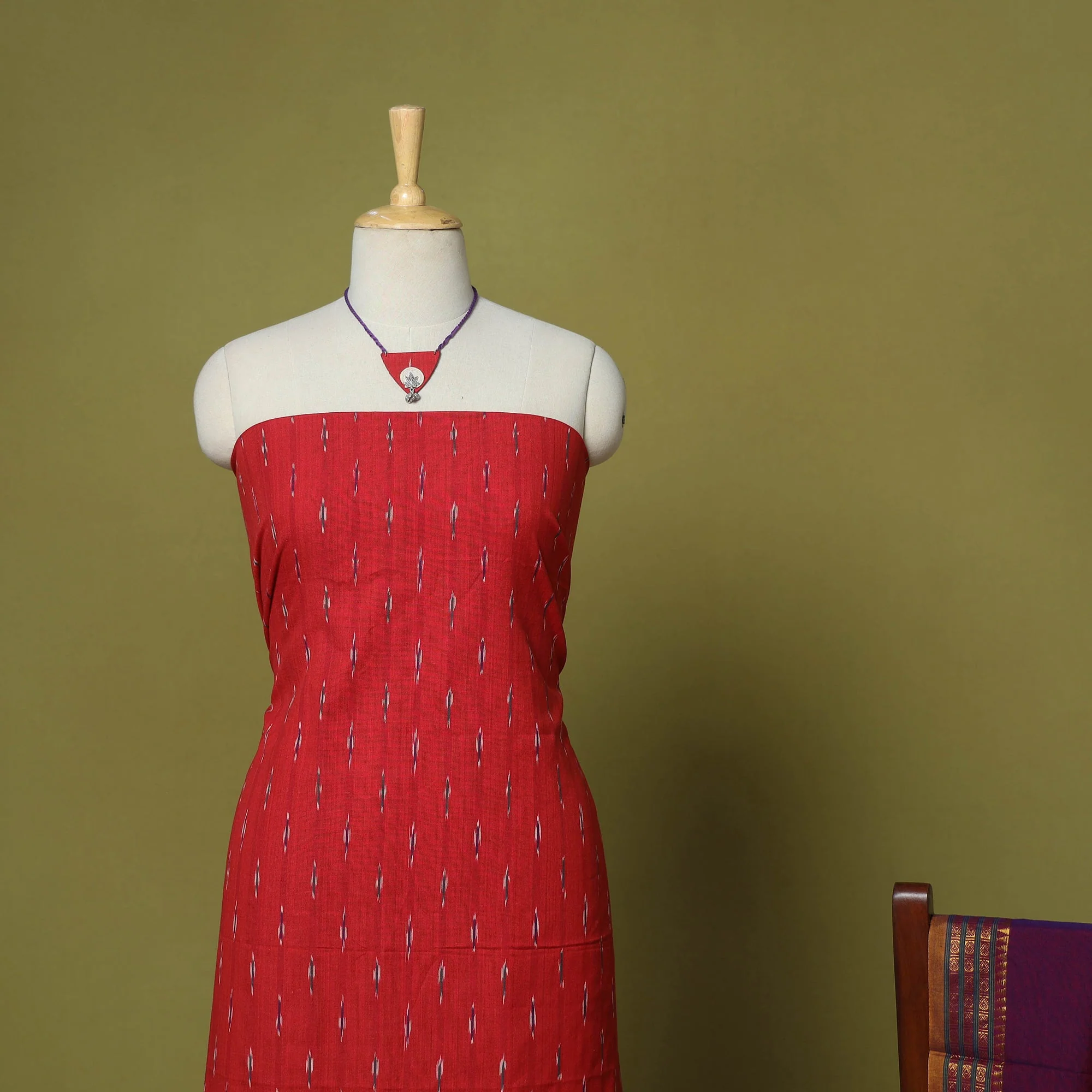 Red - 2pc Cotton Unstitched Pochampally Ikat Dress Material with Jewellery Set 06 - Image 3