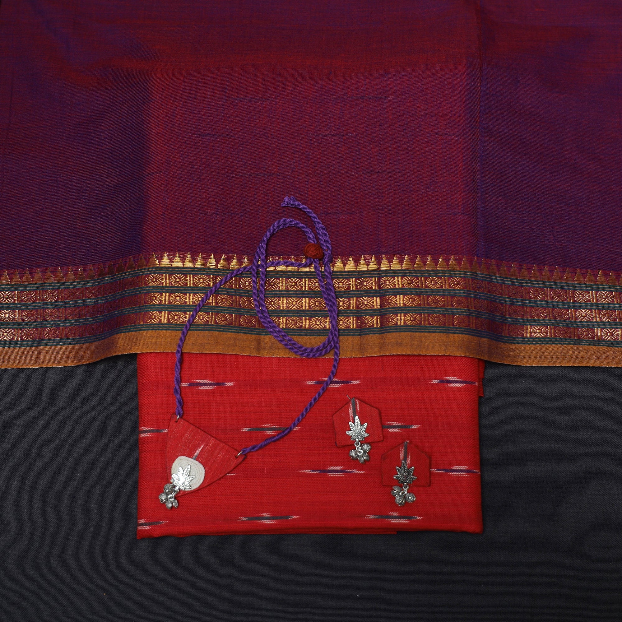Red - 2pc Cotton Unstitched Pochampally Ikat Dress Material with Jewellery Set 06 - Image 4