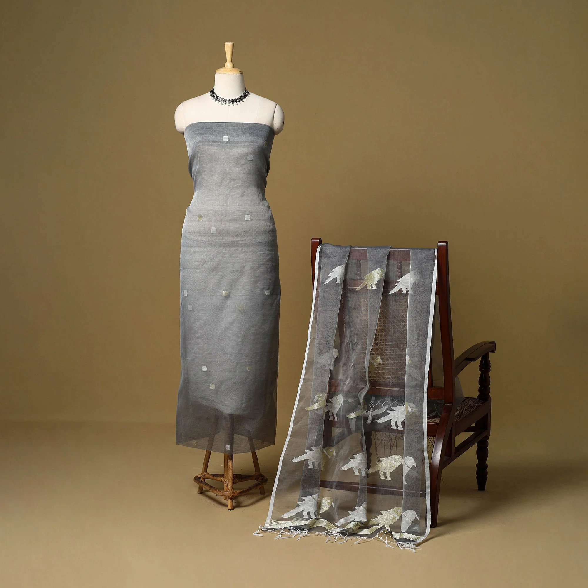 Grey - 2pc Handloom Mulberry Silk Unstitched Phulia Jamdani Dress Material 35 - Image 3