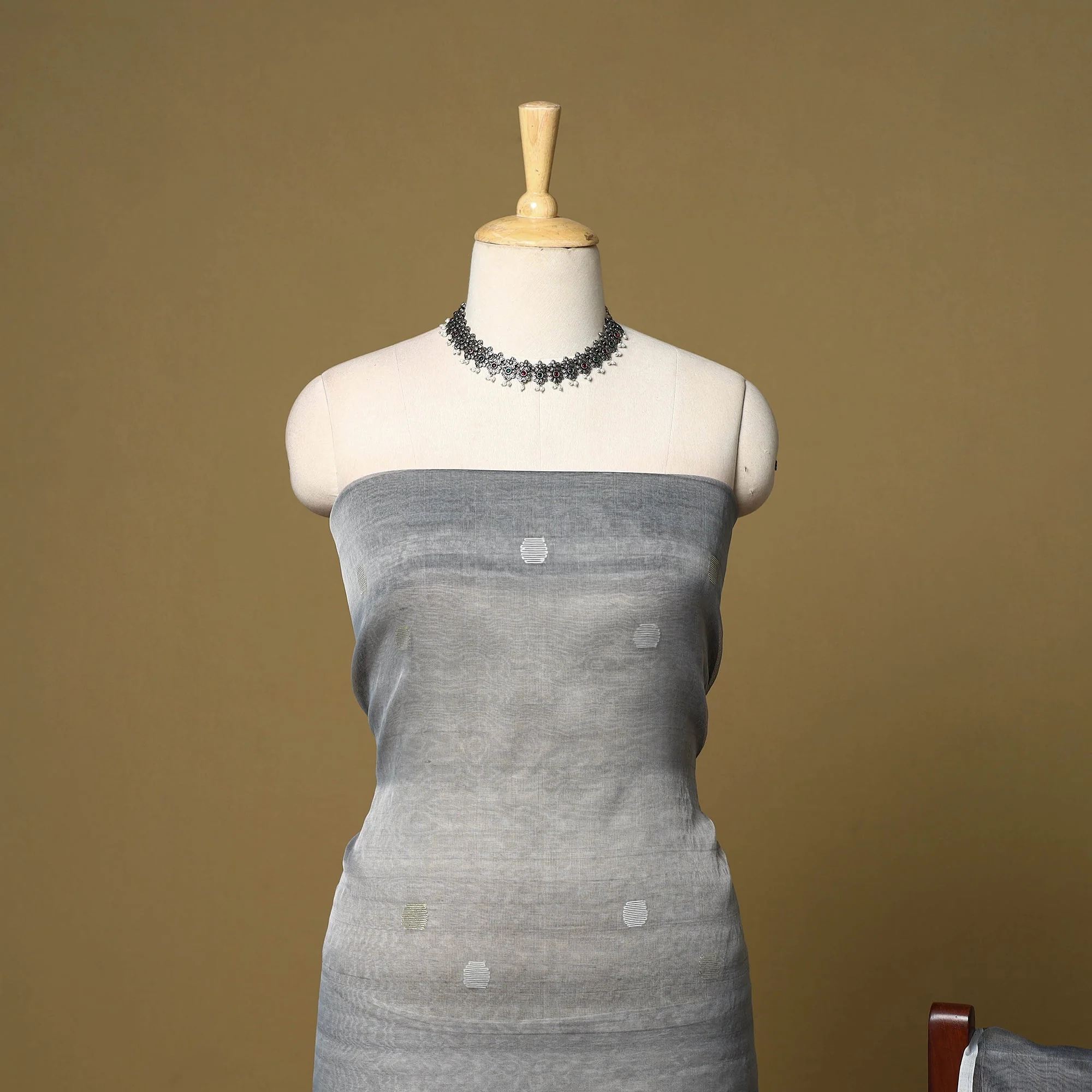 Grey - 2pc Handloom Mulberry Silk Unstitched Phulia Jamdani Dress Material 35 - Image 4