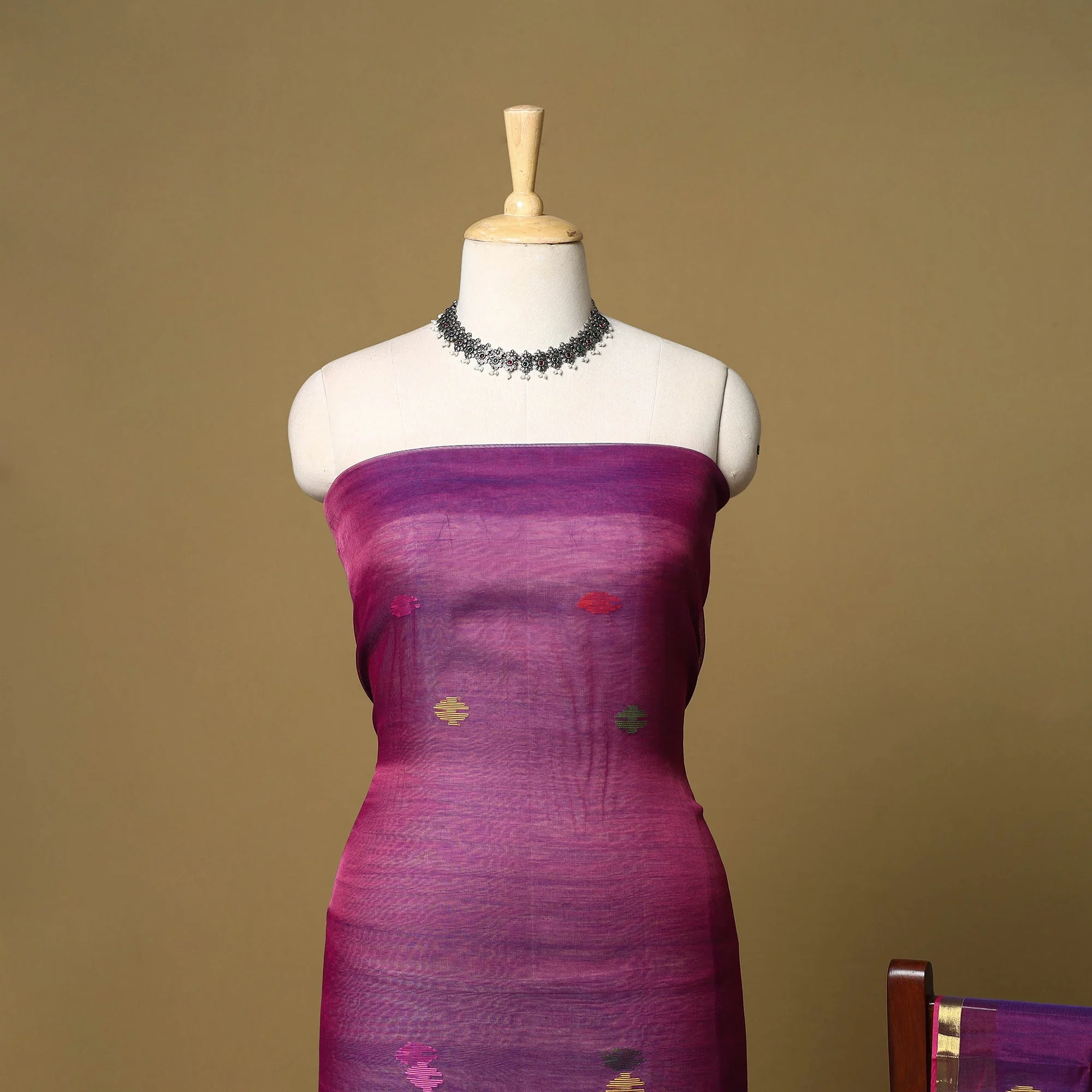Purple - 2pc Handloom Silk Cotton Unstitched Phulia Jamdani Dress Material 09 - Image 3