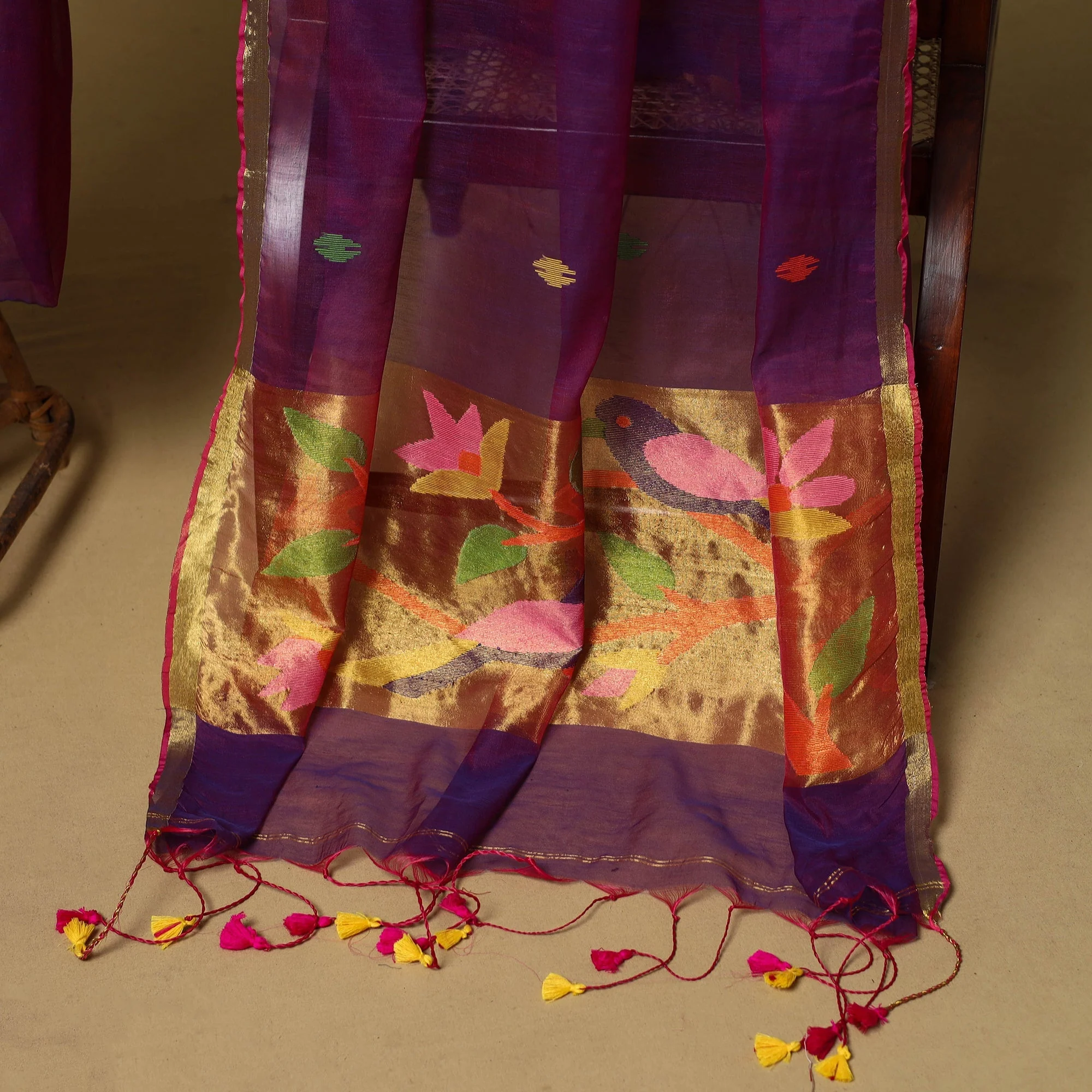 Purple - 2pc Handloom Silk Cotton Unstitched Phulia Jamdani Dress Material 09 - Image 4