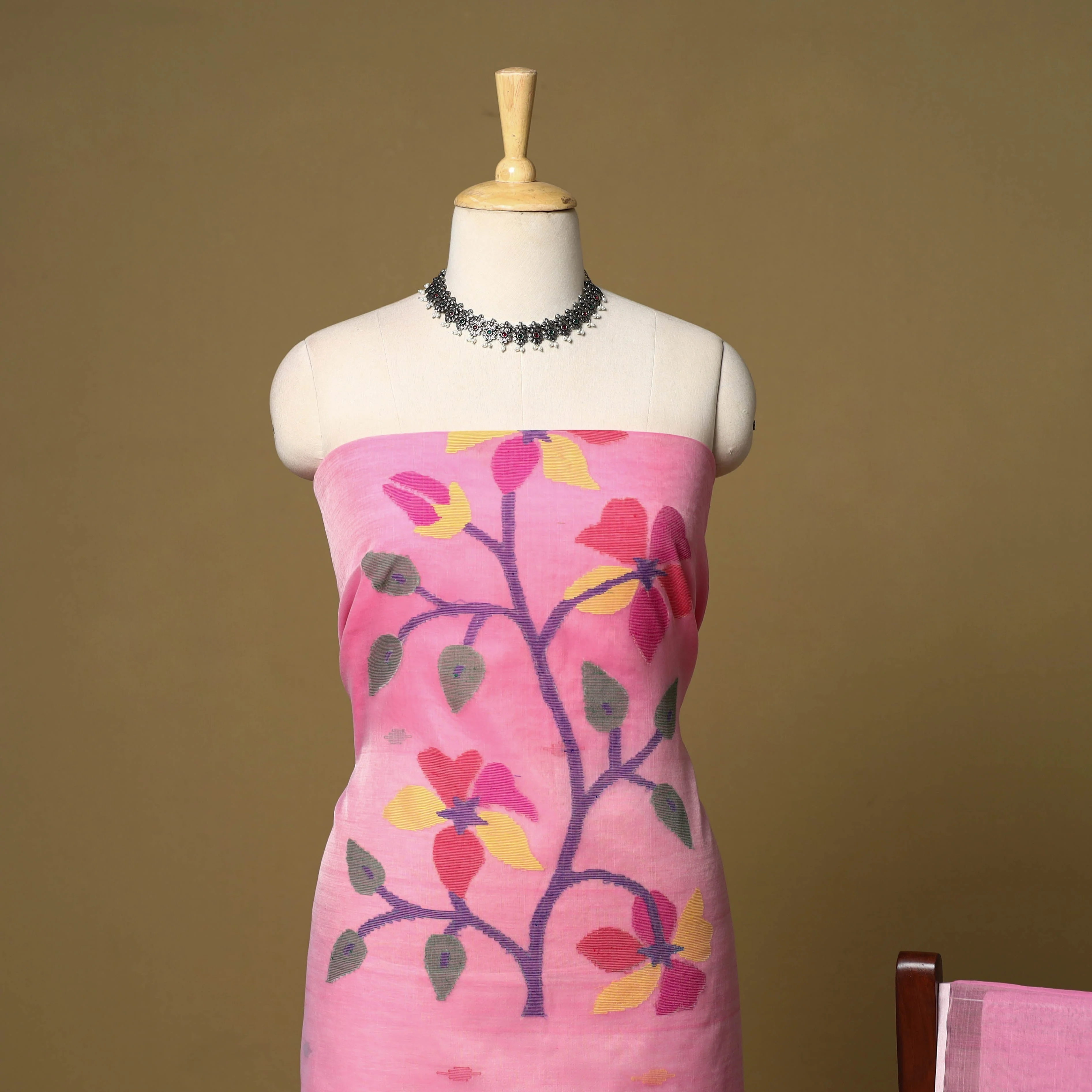 Pink - 2pc Handloom Silk Cotton Unstitched Phulia Jamdani Dress Material 20 - Image 3