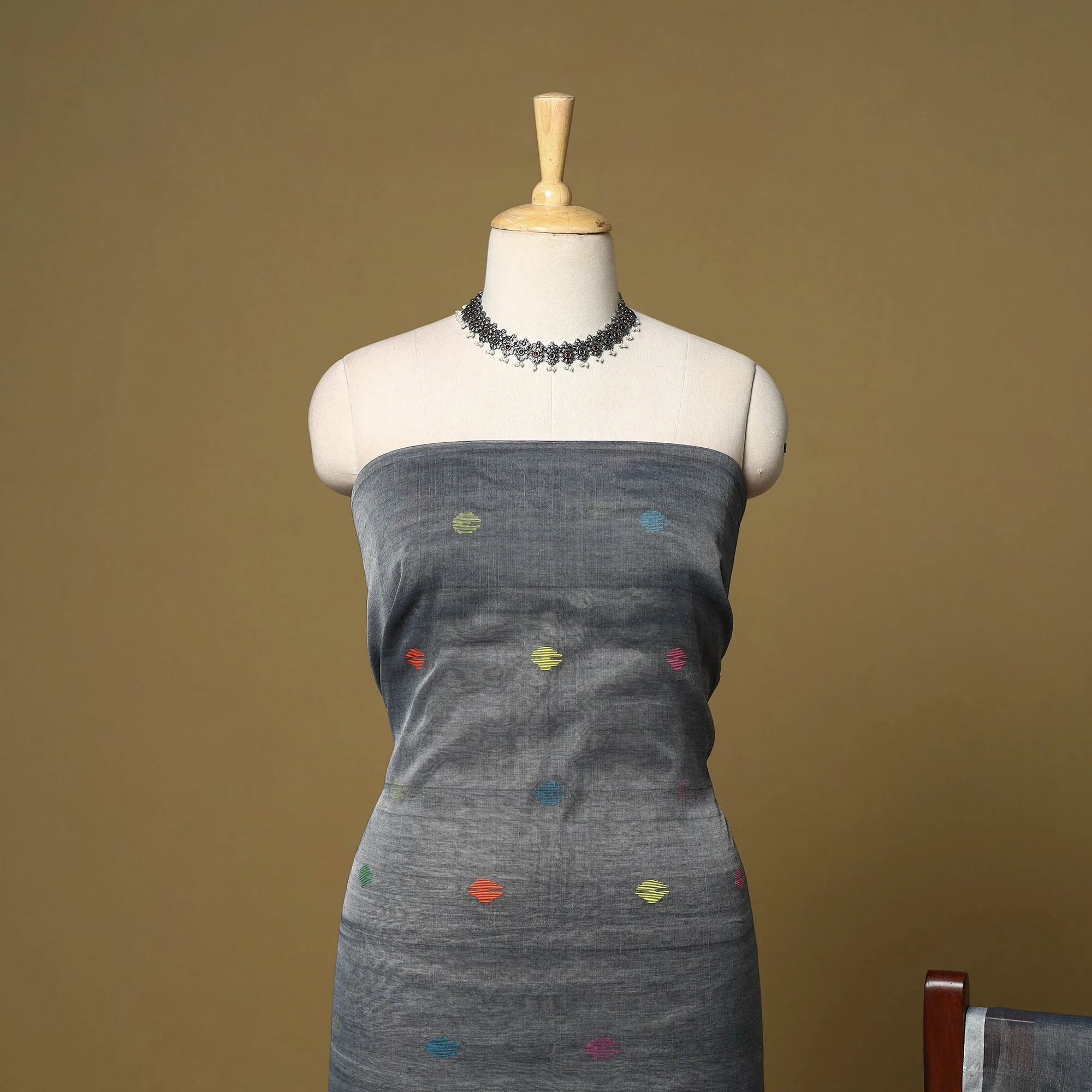 Grey - 2pc Handloom Silk Cotton Unstitched Phulia Jamdani Dress Material 21 - Image 4