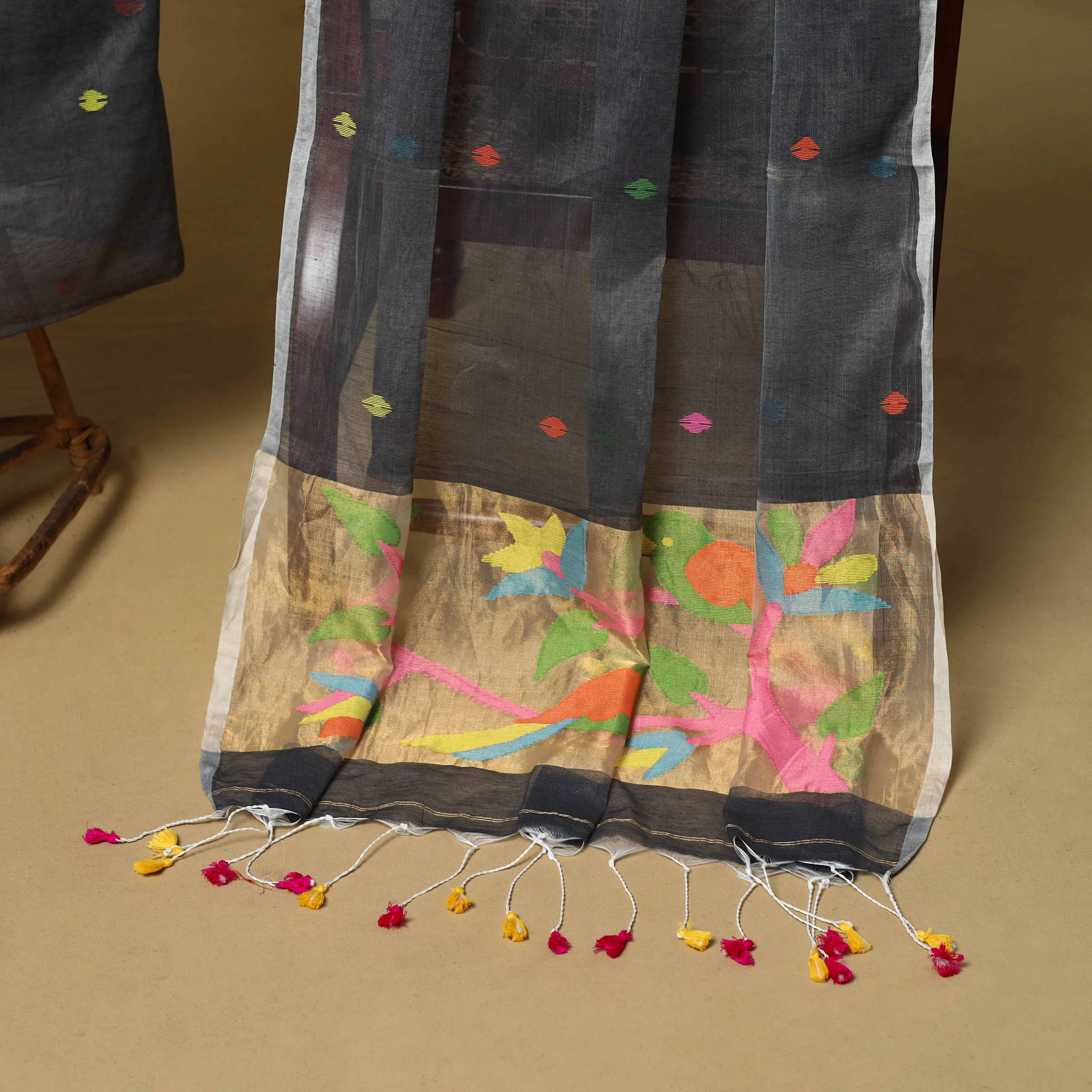 Grey - 2pc Handloom Silk Cotton Unstitched Phulia Jamdani Dress Material 21 - Image 5