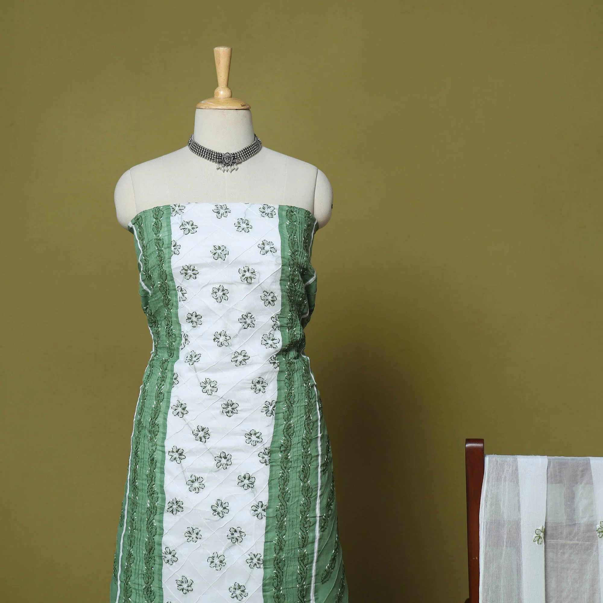 Green - 3pc Hand Embroidery Cotton Lucknow Chikankari Dress Material 83 - Image 3
