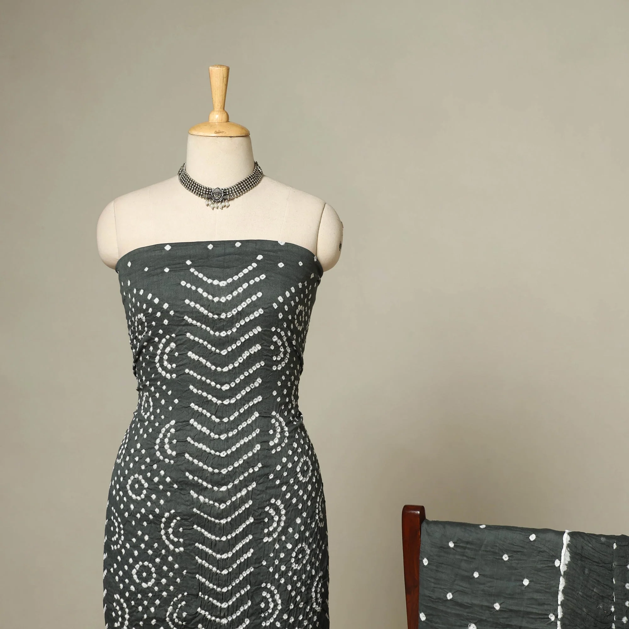 Grey - 3pc Kutch Tie-Dye Satin Cotton Unstitched Bandhani Dress Material 16 - Image 3