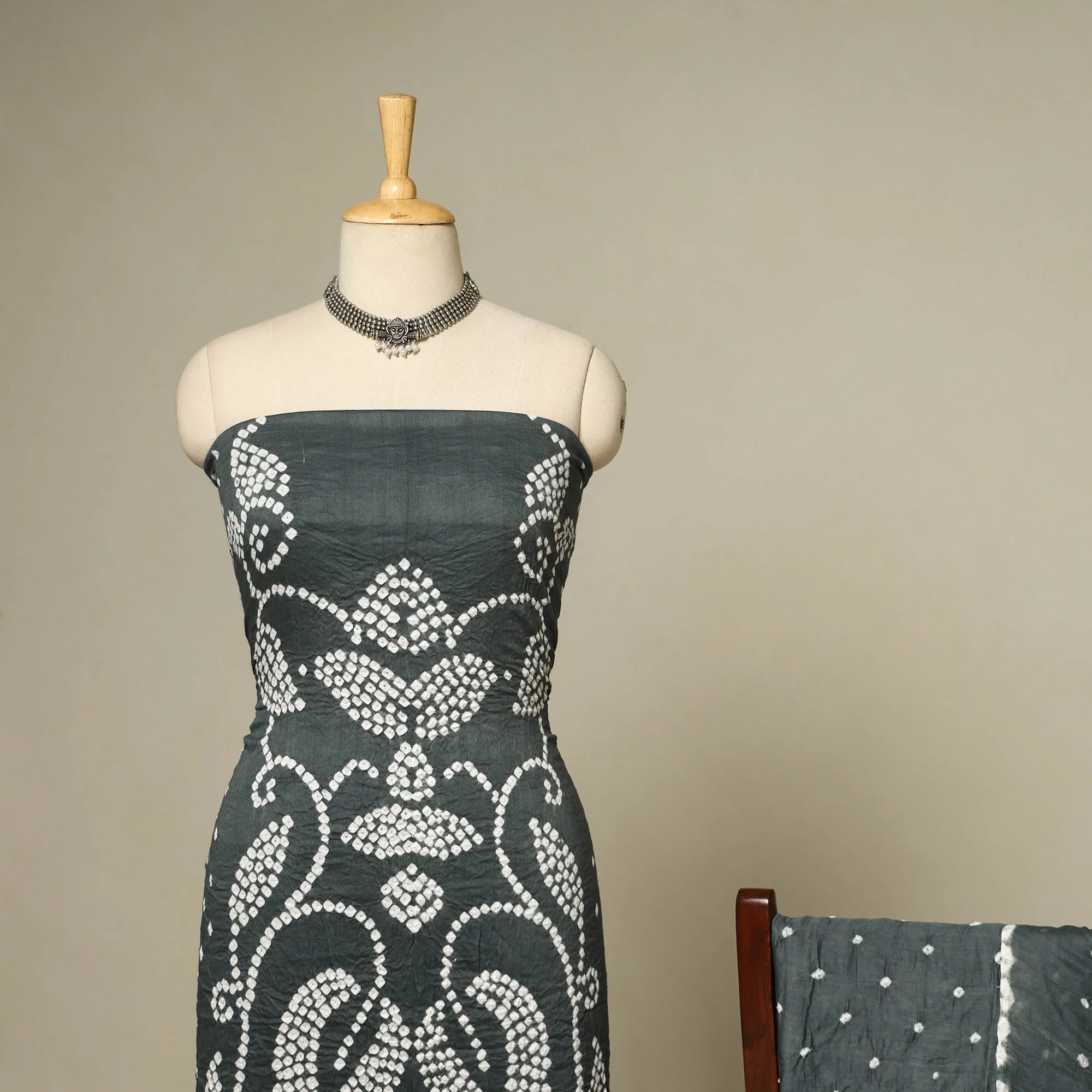 Grey - 3pc Kutch Tie-Dye Satin Cotton Unstitched Bandhani Dress Material 23 - Image 3