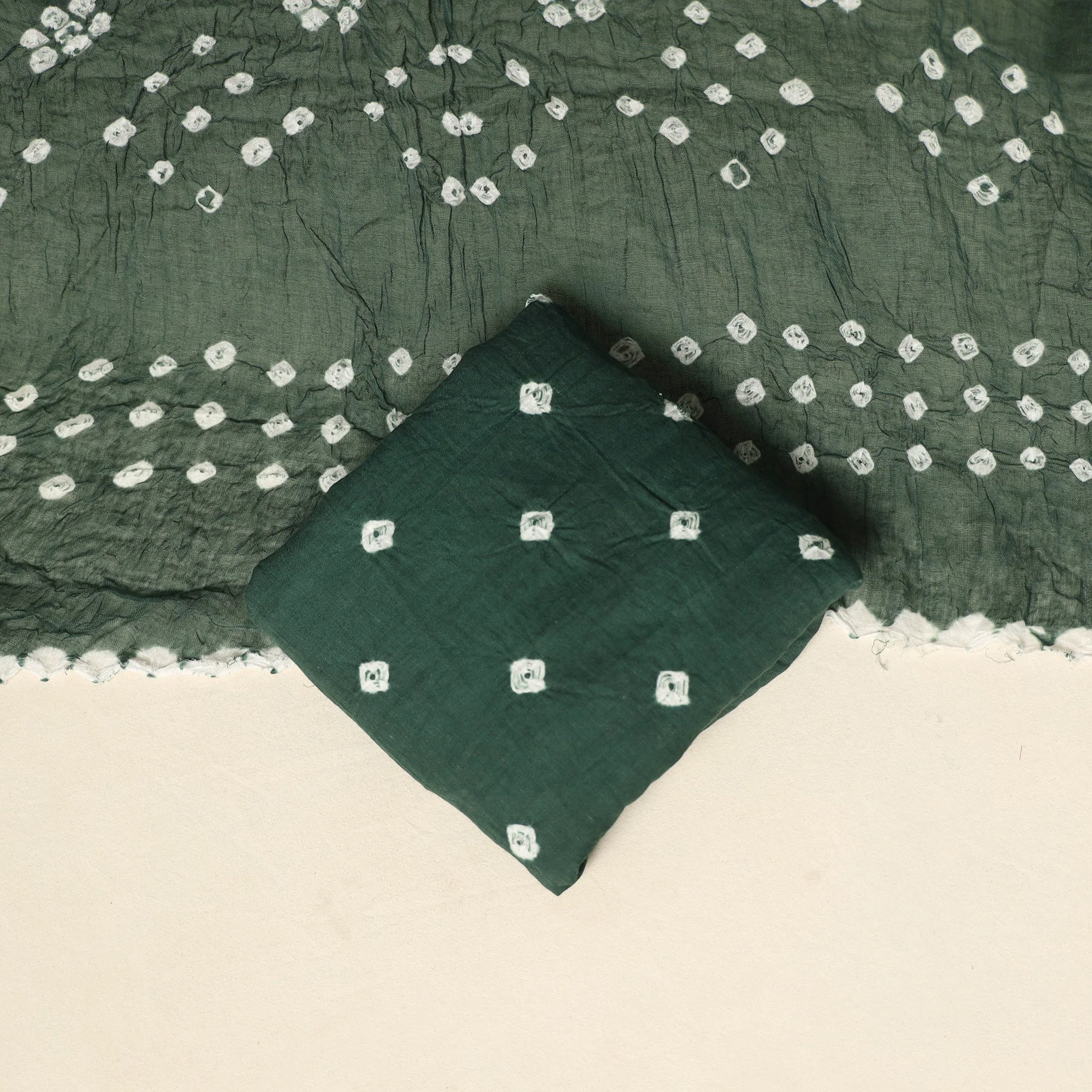Green - 3pc Kutch Tie-Dye Satin Cotton Unstitched Bandhani Dress Material 31 - Image 5