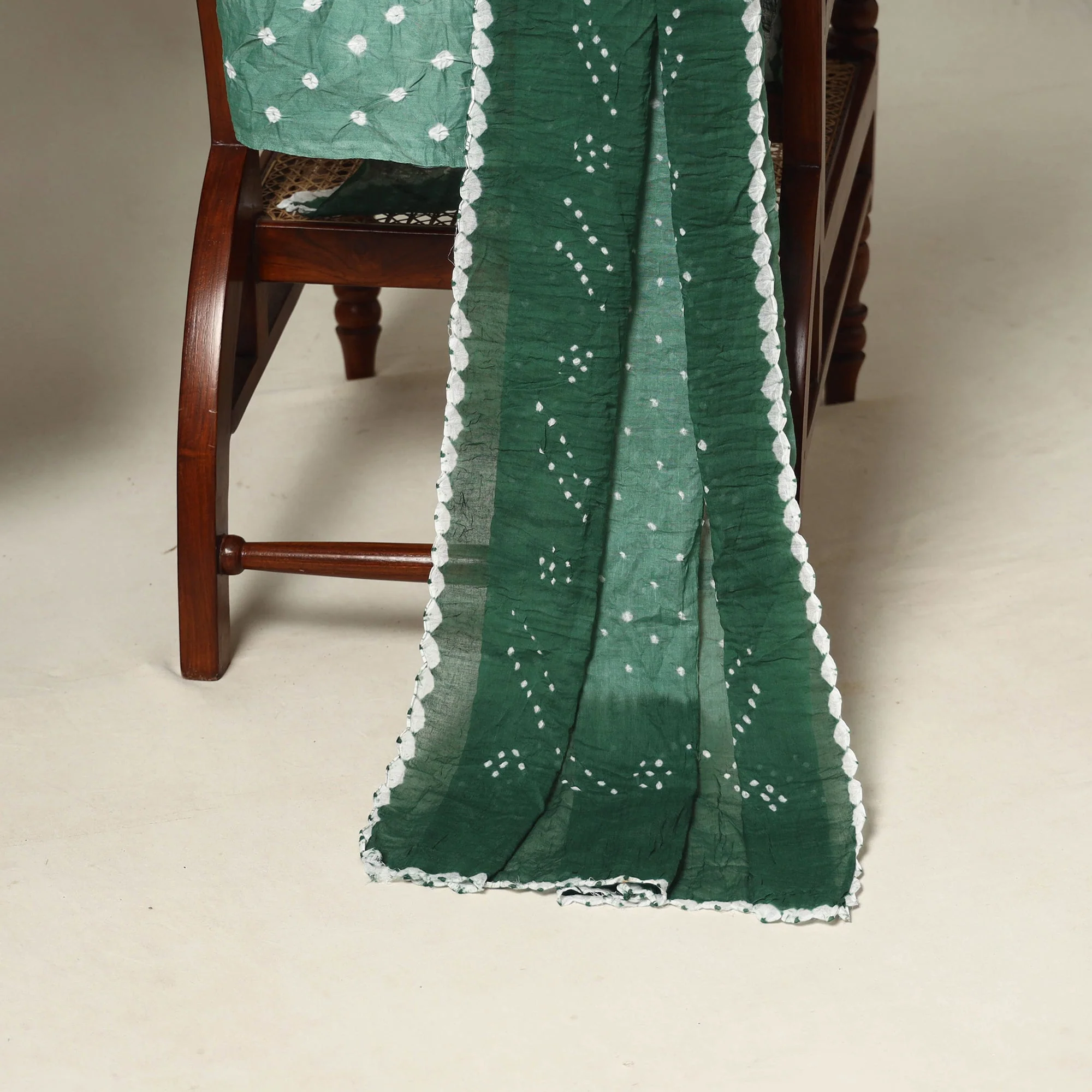 Green - 3pc Kutch Tie-Dye Satin Cotton Unstitched Bandhani Dress Material 47 - Image 4
