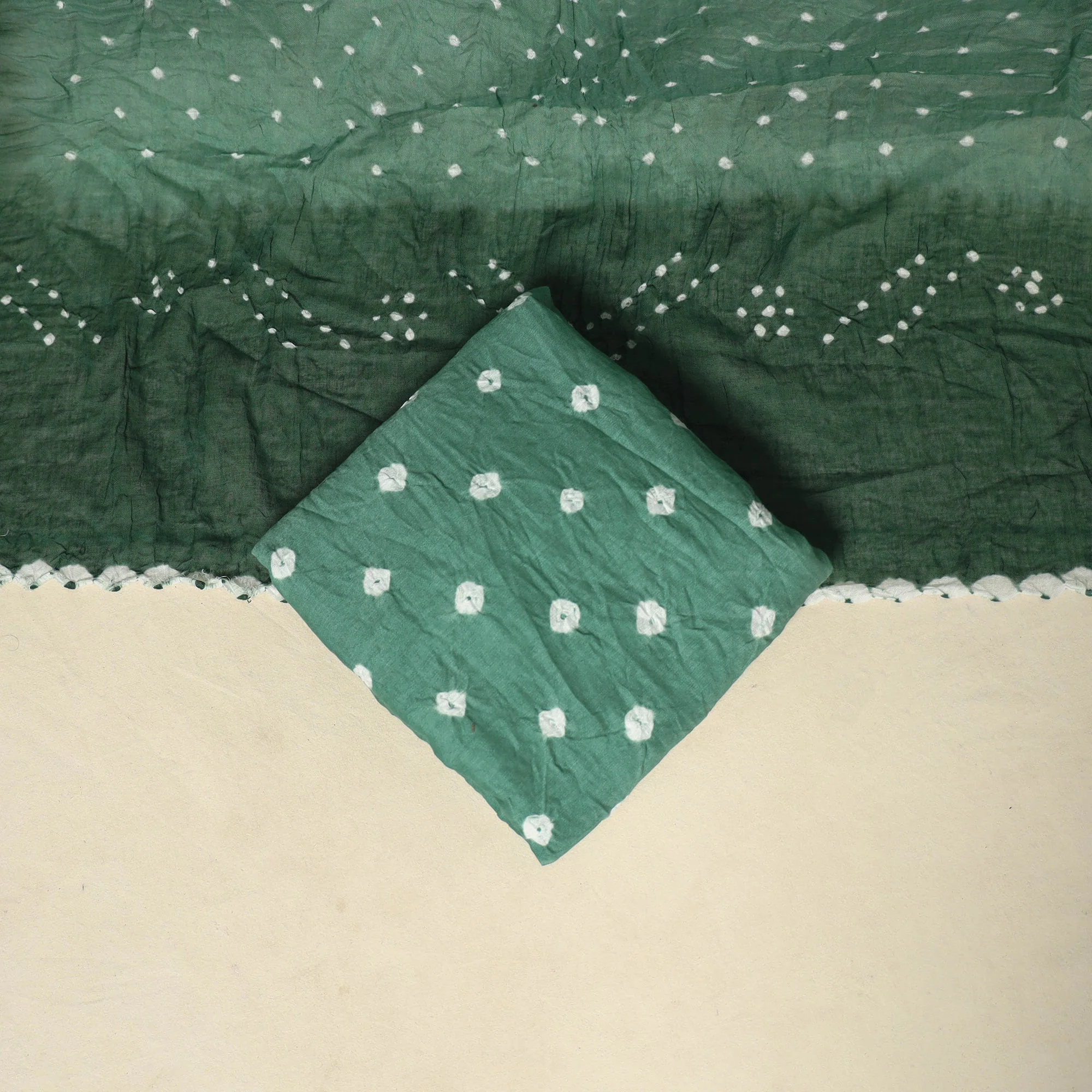 Green - 3pc Kutch Tie-Dye Satin Cotton Unstitched Bandhani Dress Material 47 - Image 5