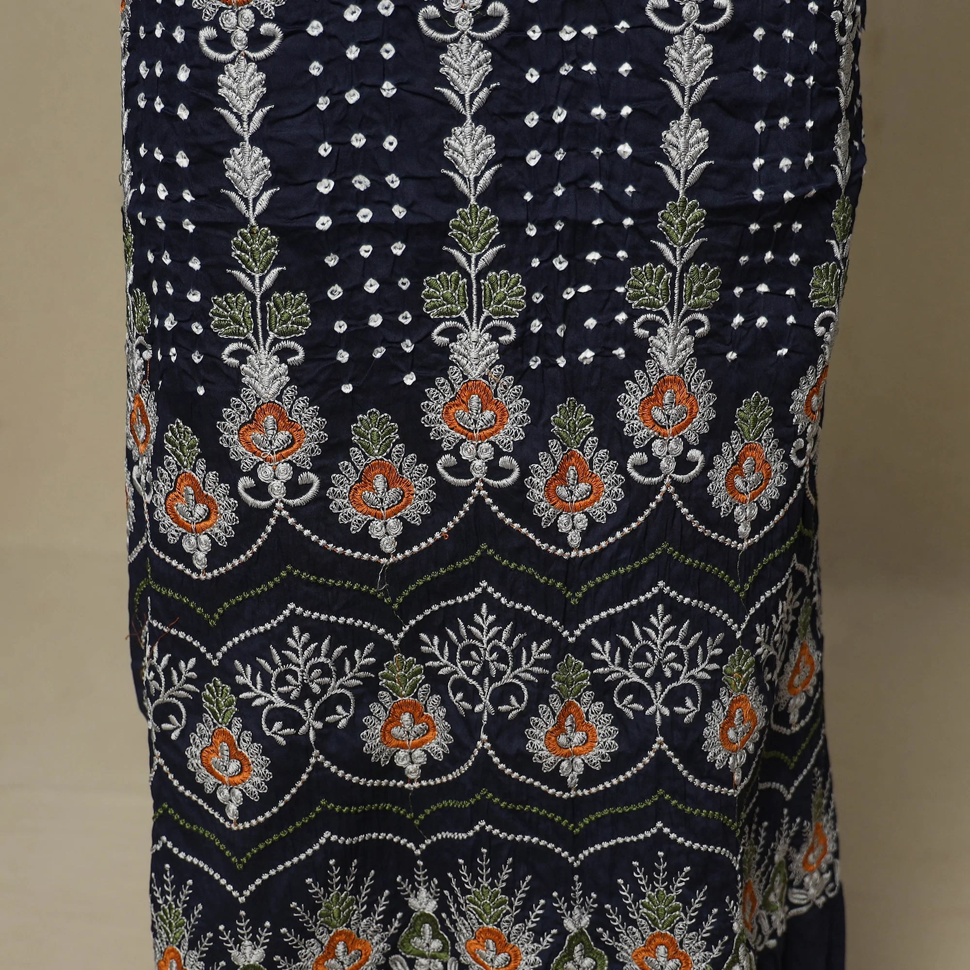 Blue - 3pc Kutch Tie-Dye Satin Cotton Unstitched Bandhani Dress Material 51 - Image 6