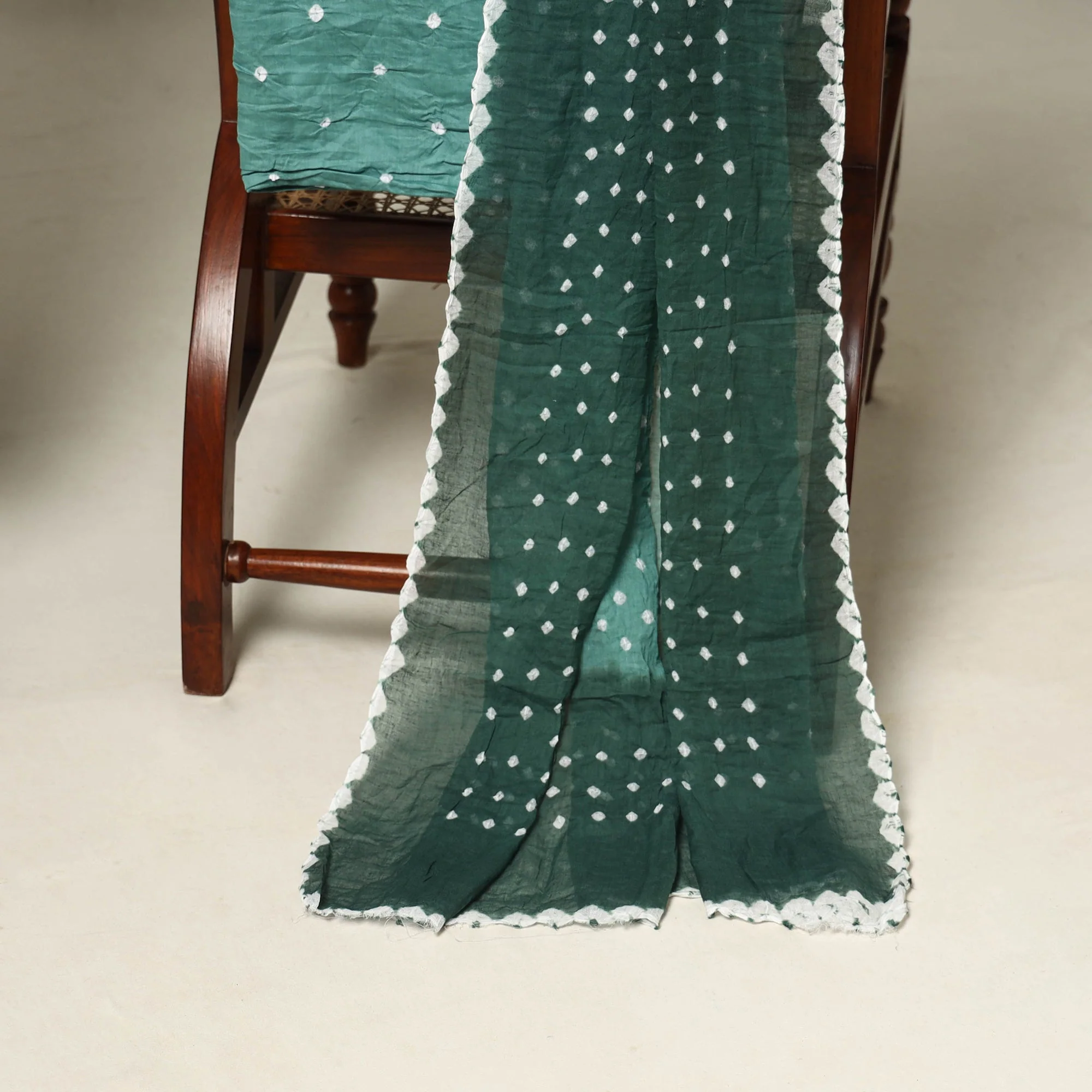 Green - 3pc Kutch Tie-Dye Satin Cotton Unstitched Bandhani Dress Material 70 - Image 4