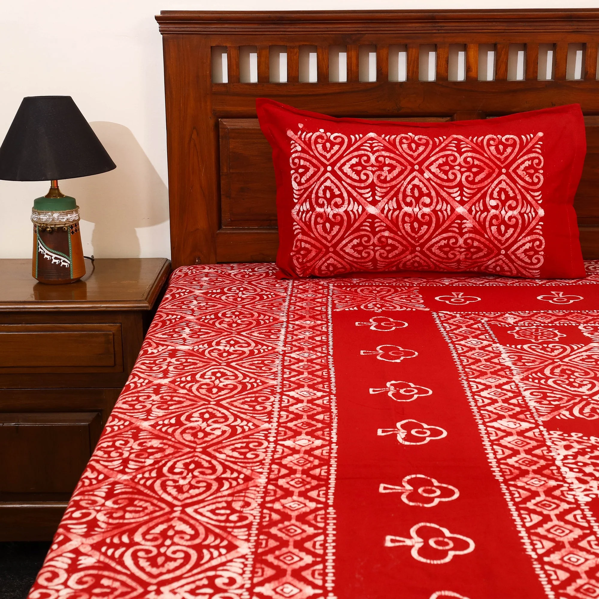Red - Cotton Double Hand Batik Print Bed Sheet Set 11 - Image 4