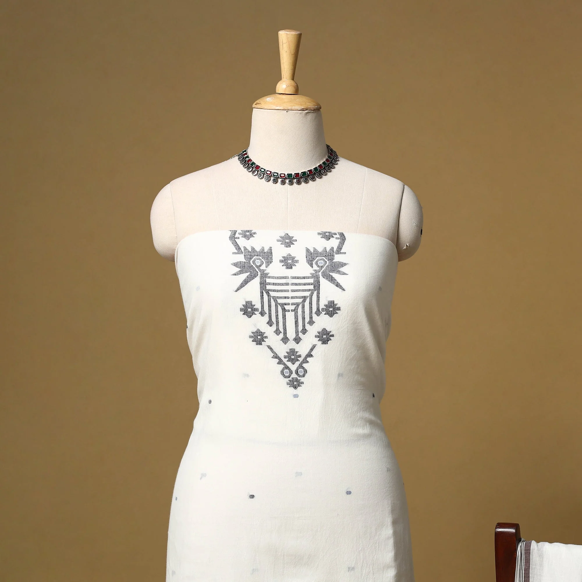 White - Handloom Bengal Jamdani Cotton 2pc Unstitched Dress Material 01 - Image 3