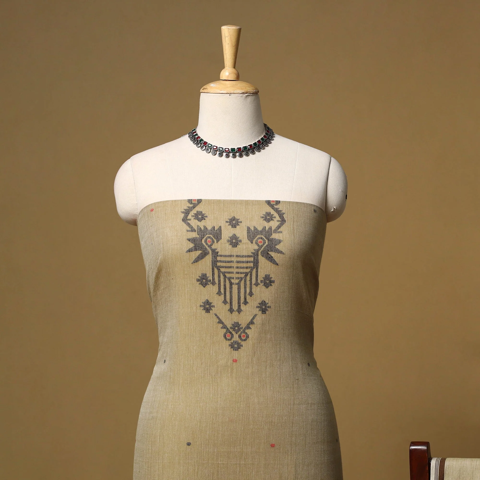 Brown - Handloom Bengal Jamdani Cotton 2pc Unstitched Dress Material 06 - Image 3