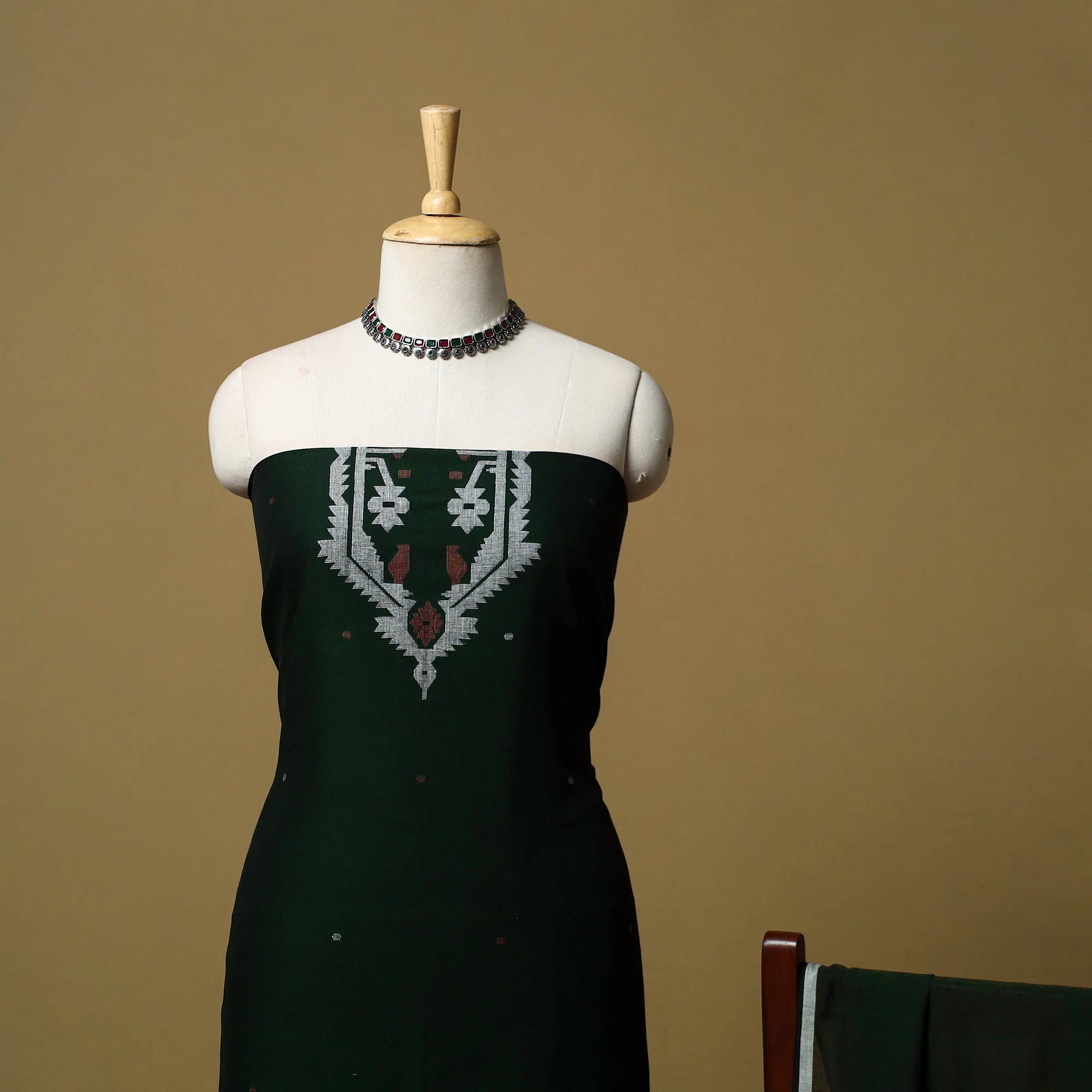 Green - Handloom Bengal Jamdani Cotton 2pc Unstitched Dress Material 11 - Image 3