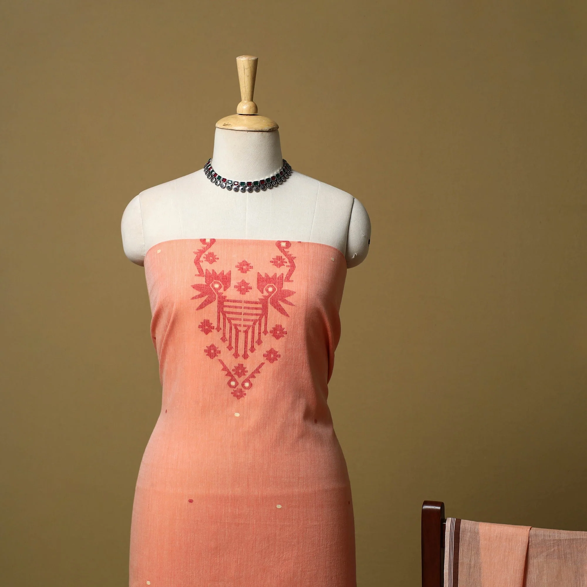 Peach - Handloom Bengal Jamdani Cotton 2pc Unstitched Dress Material 12 - Image 3