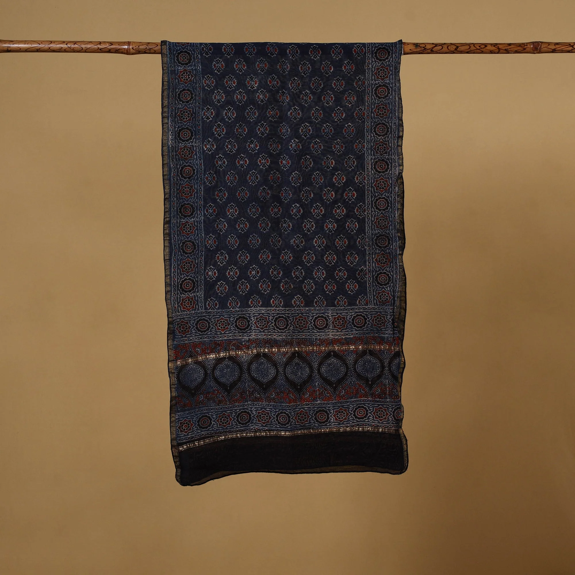 Blue - Handloom Chanderi Silk Natural Dyed Block Print Ajrakh Stole 02 - Image 3